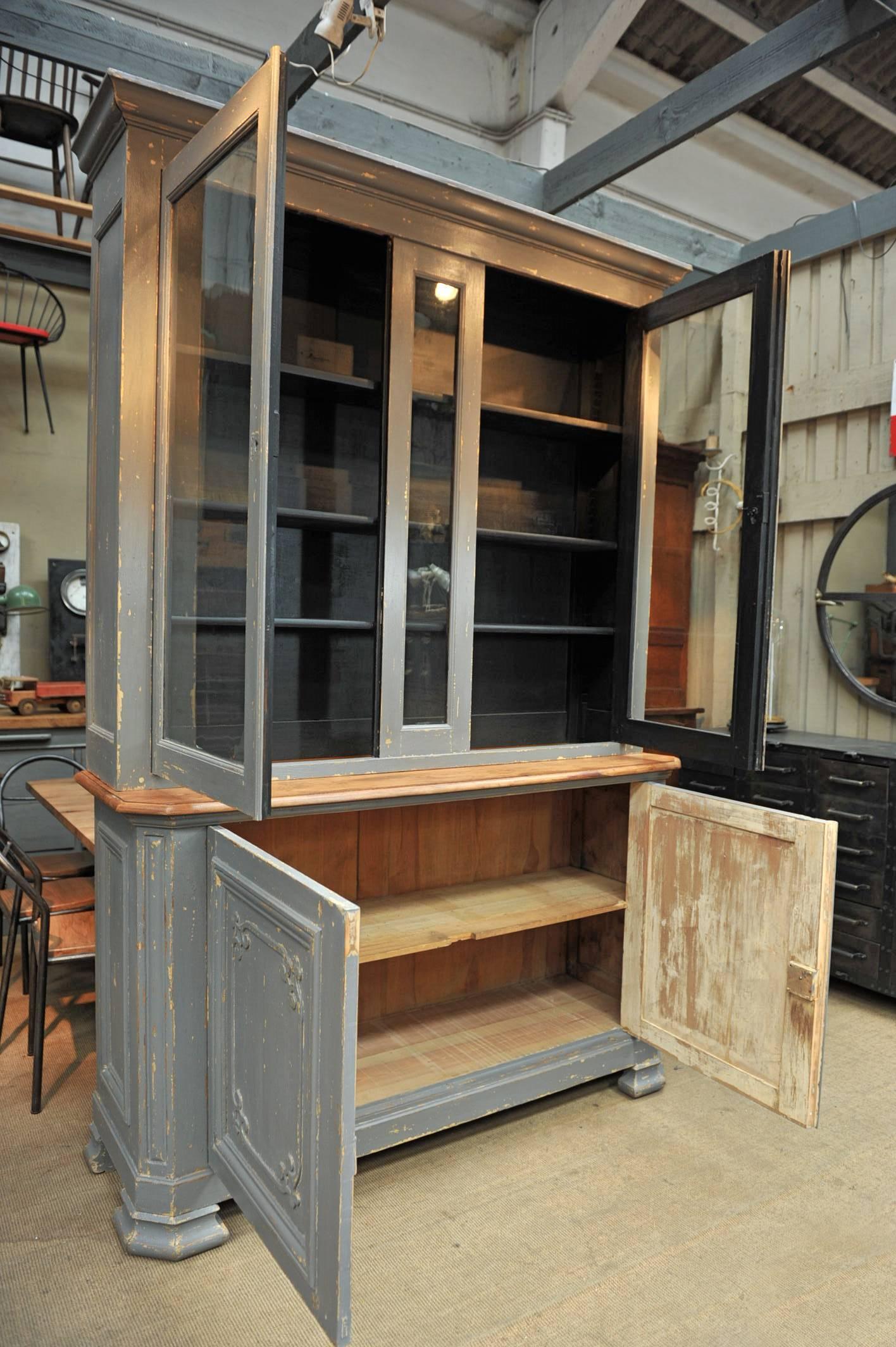 French Two Parts Bookcase Grey Painted Cabinet, Early 1900 2