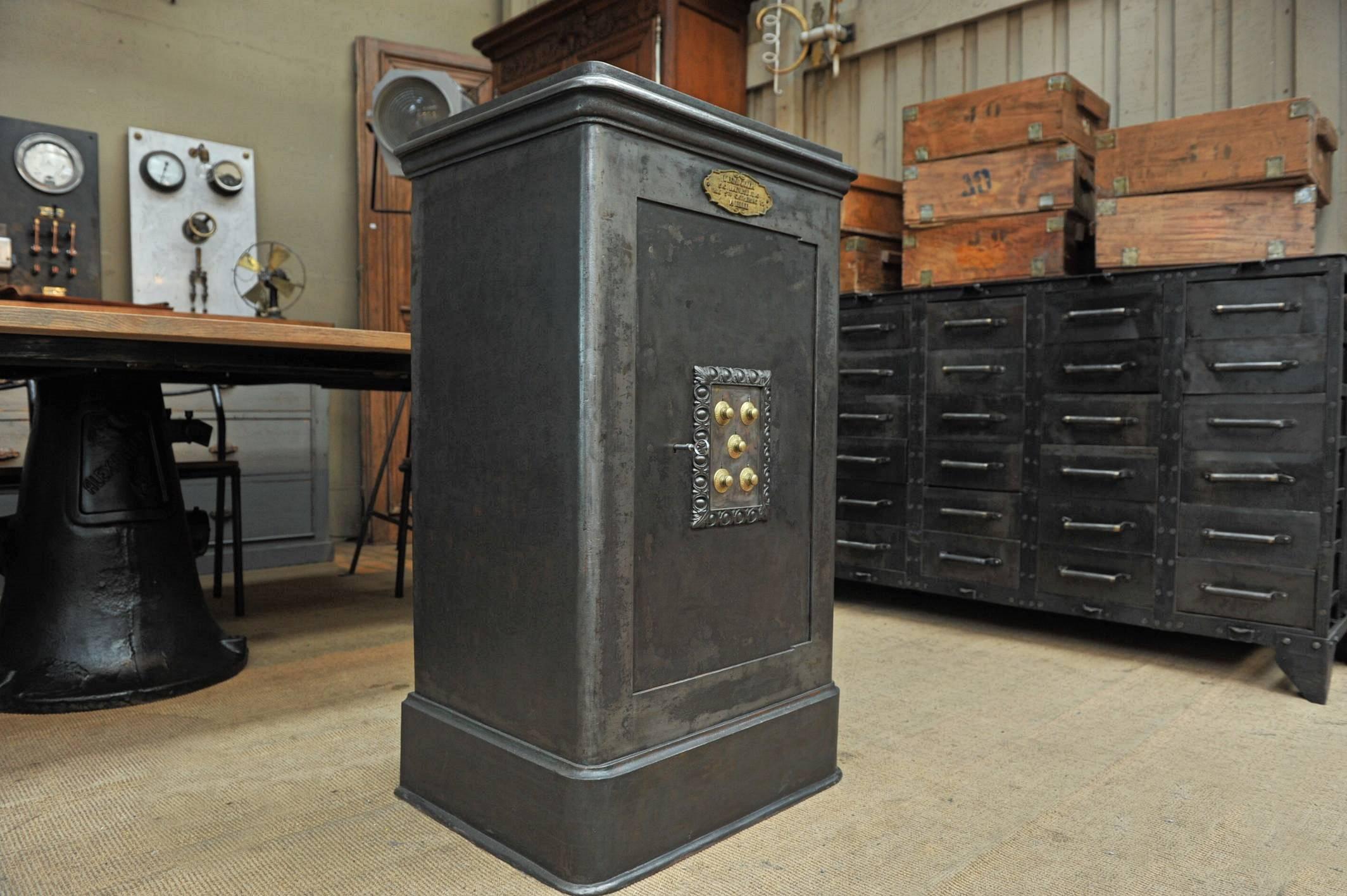 Bronze 19th Century Iron and Wood Safe from Degauquier Lille with Key and Code