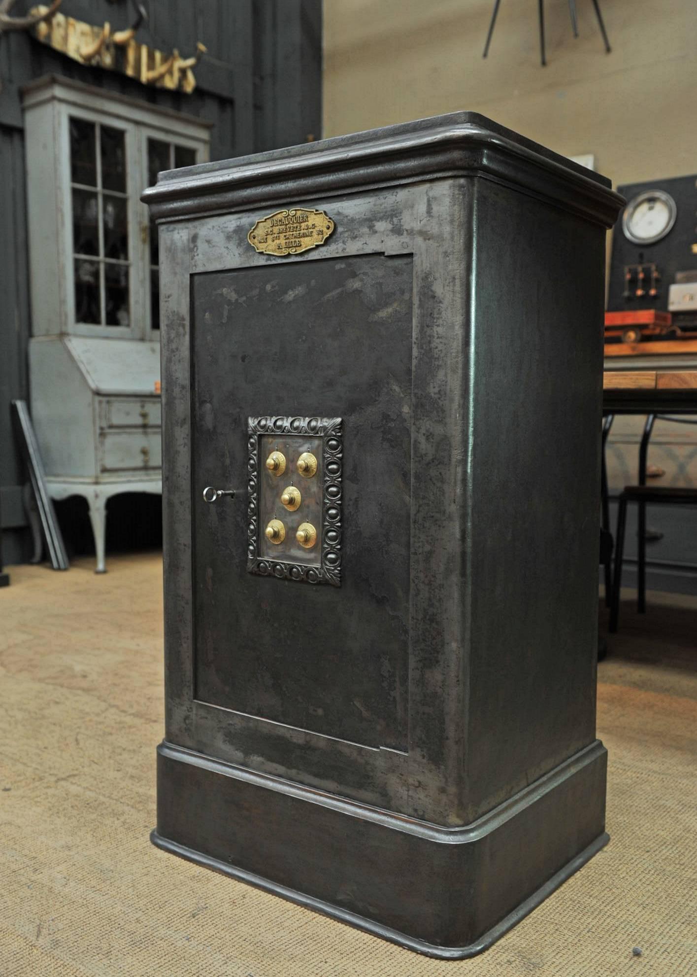 Antique iron French safe box cabinet, circa 1880 Signed 