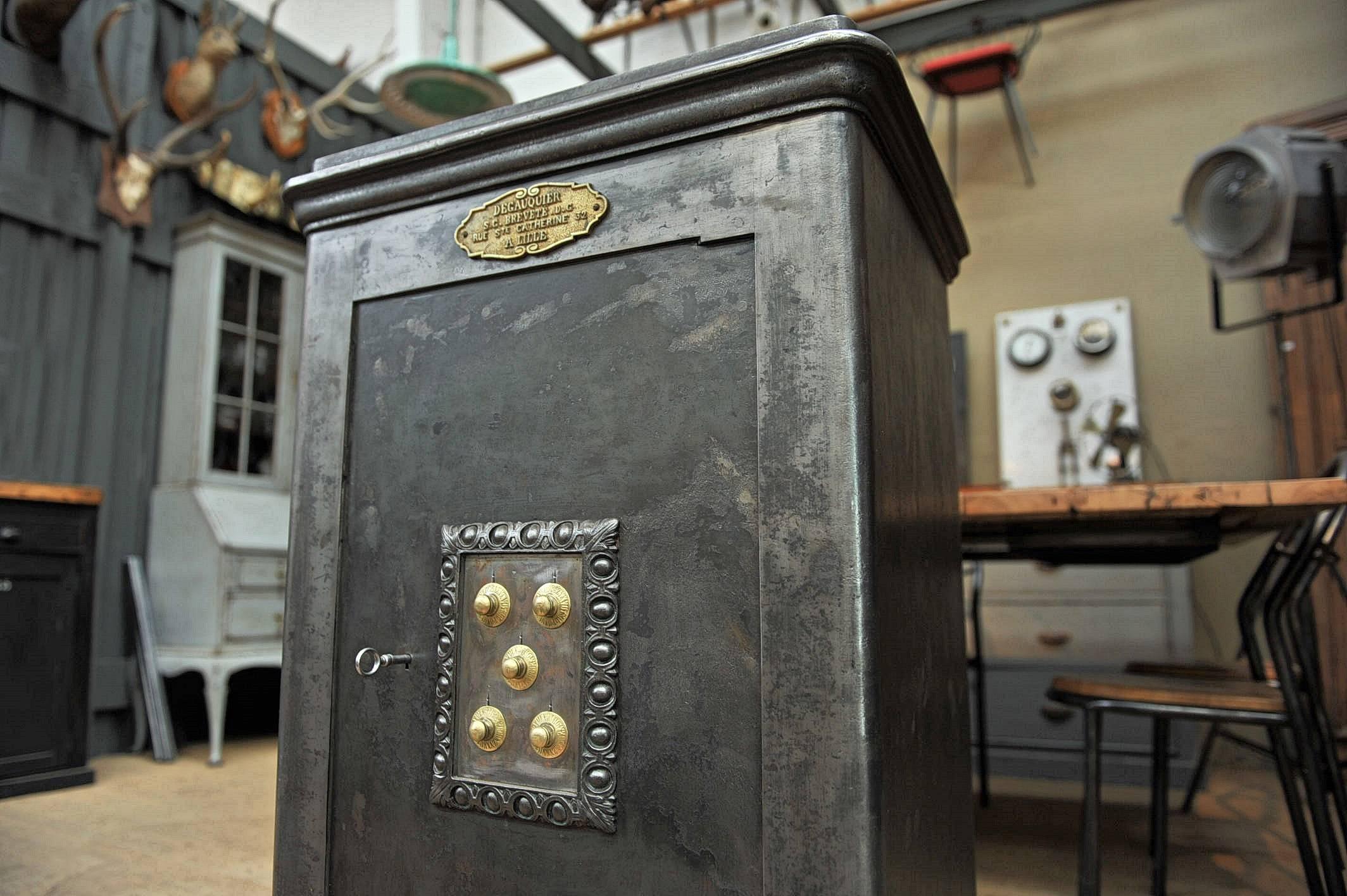 19th Century Iron and Wood Safe from Degauquier Lille with Key and Code 2