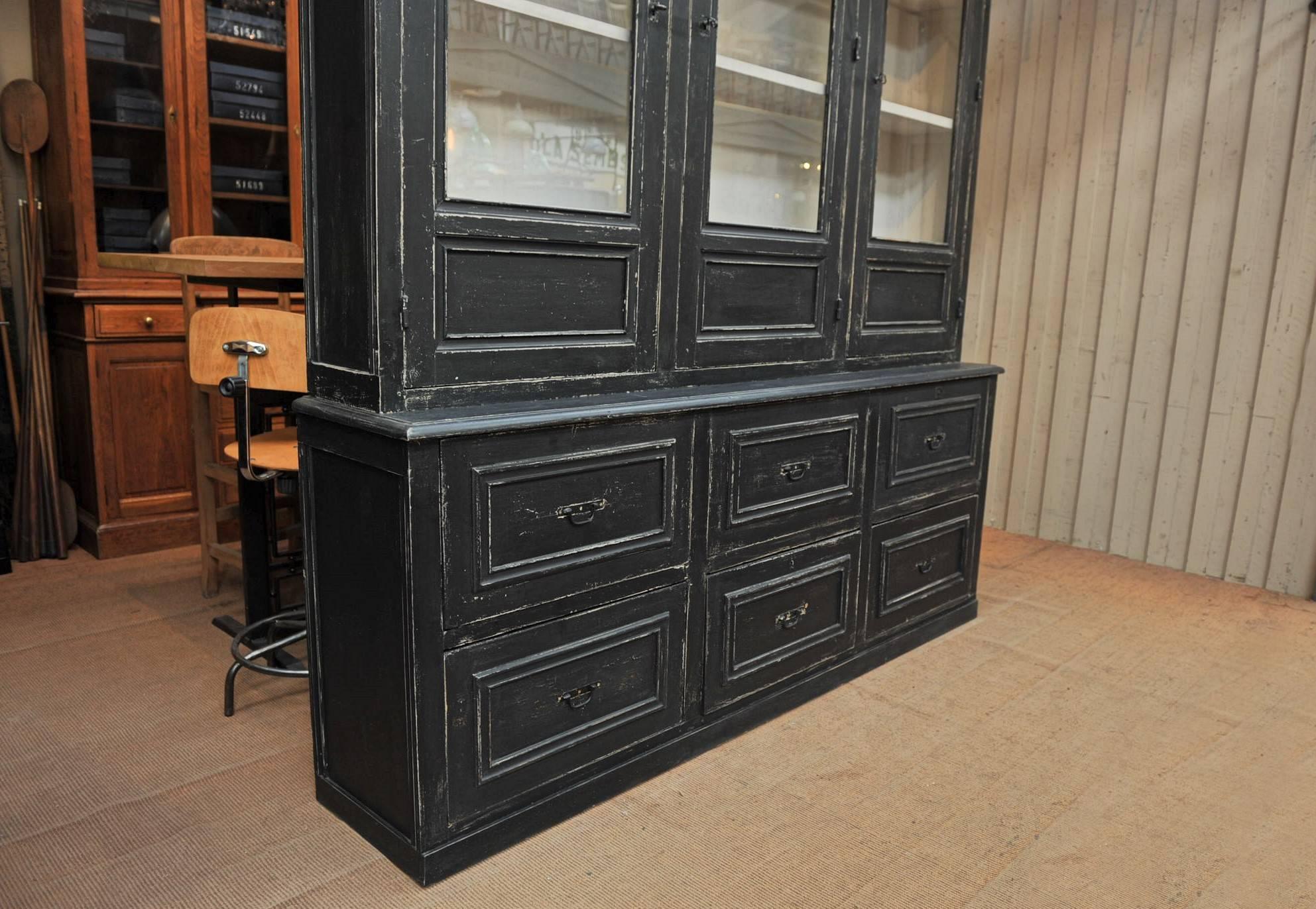 Large Buffet Two Corps Black Painted Pine Bookcase Cabinet, 1910s 1