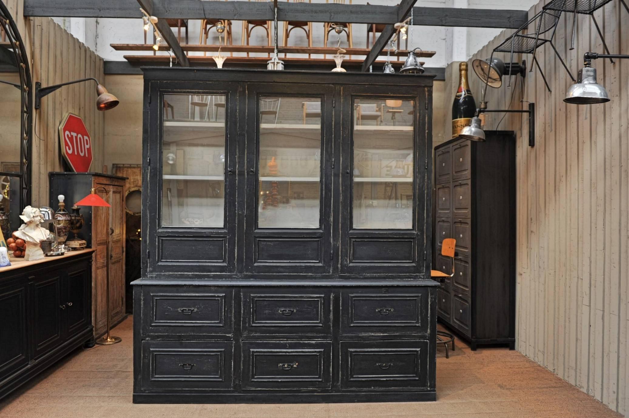 Large Buffet Two Corps Black Painted Pine Bookcase Cabinet, 1910s 2