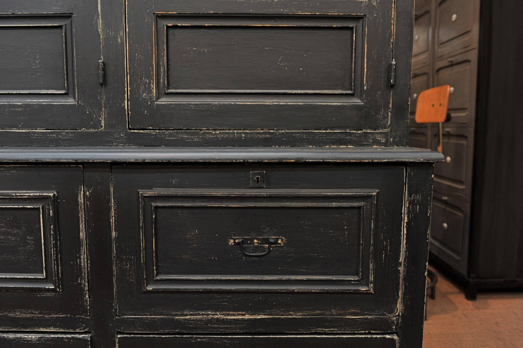 French Large Buffet Two Corps Black Painted Pine Bookcase Cabinet, 1910s