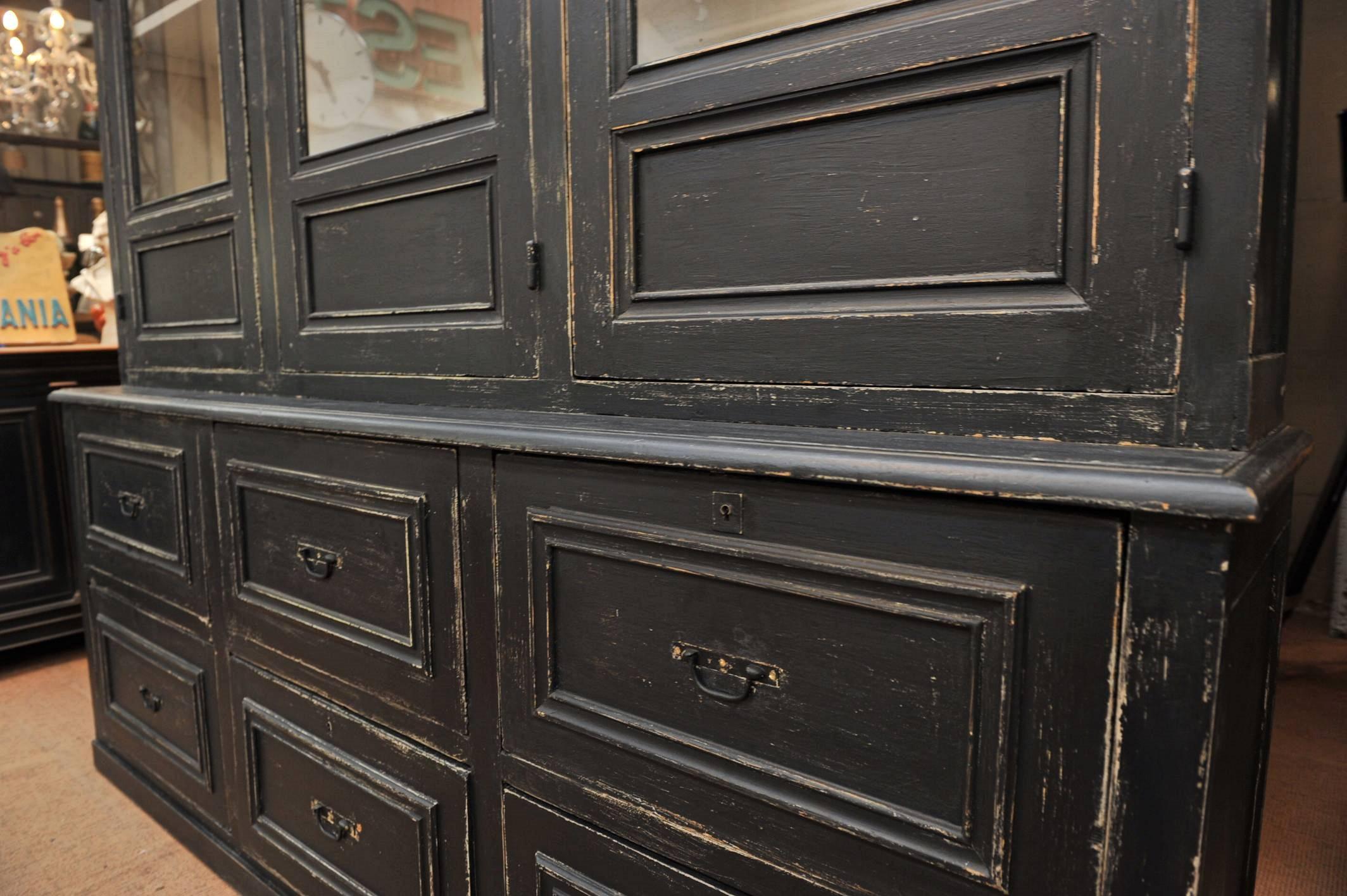 Large Buffet Two Corps Black Painted Pine Bookcase Cabinet, 1910s 3