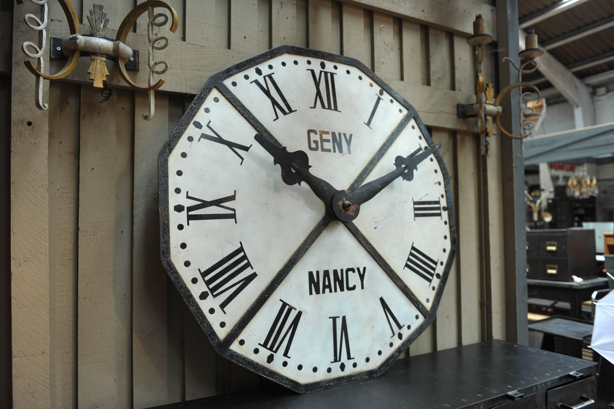 Rare Geny Nancy 1900s, French large iron train station clock face, original metal hands, original color and numbers.

 