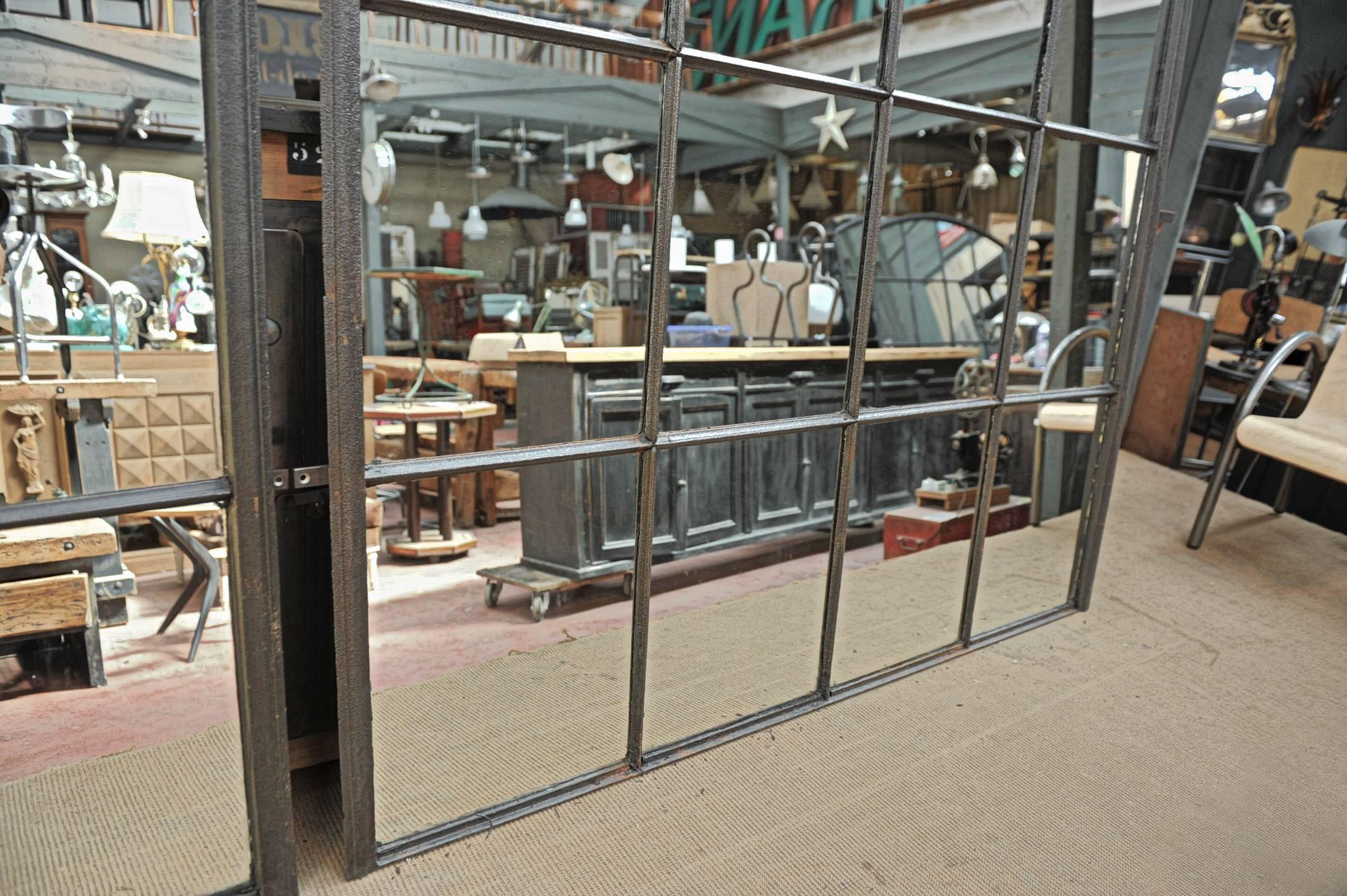 Pair of Riveted Iron Factory 1920s Windows Industrial Mirrors In Excellent Condition In Roubaix, FR