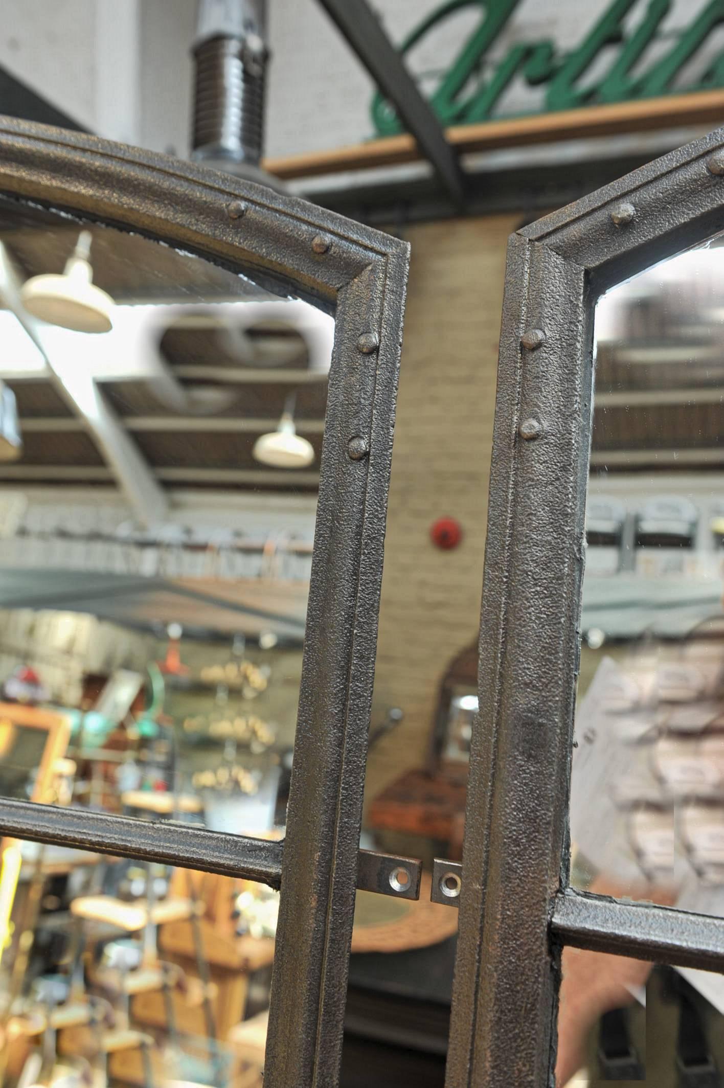 Glass Pair of Riveted Iron Factory 1920s Windows Industrial Mirrors