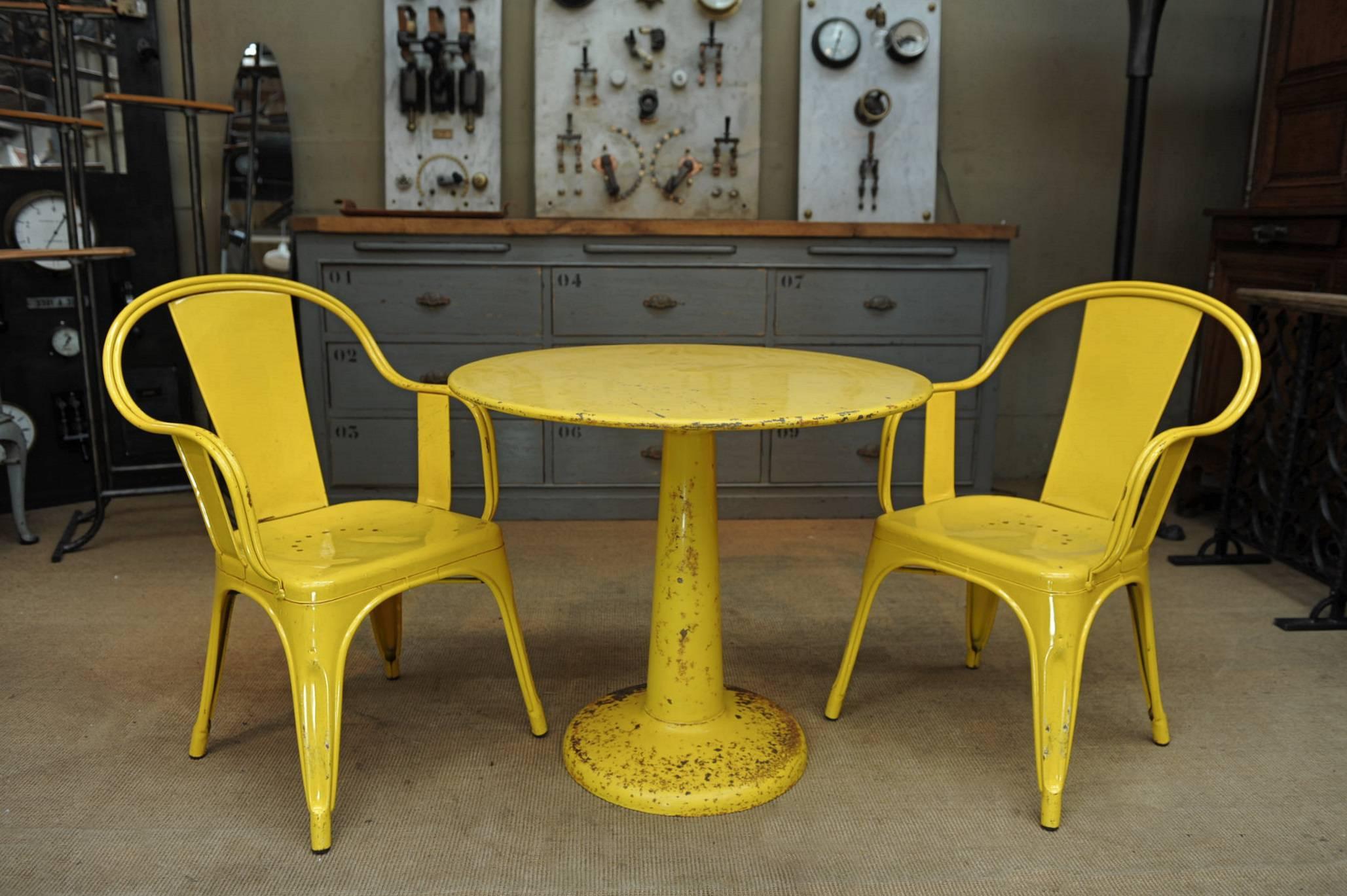 Set of Four Chairs and Round Iron Table by Tolix, circa 1950 2