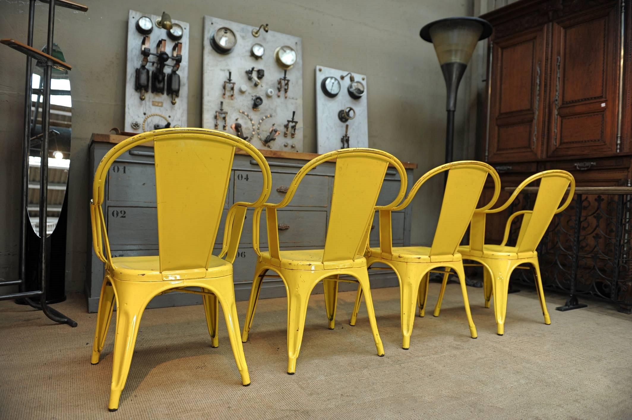 Set of Four Chairs and Round Iron Table by Tolix, circa 1950 4