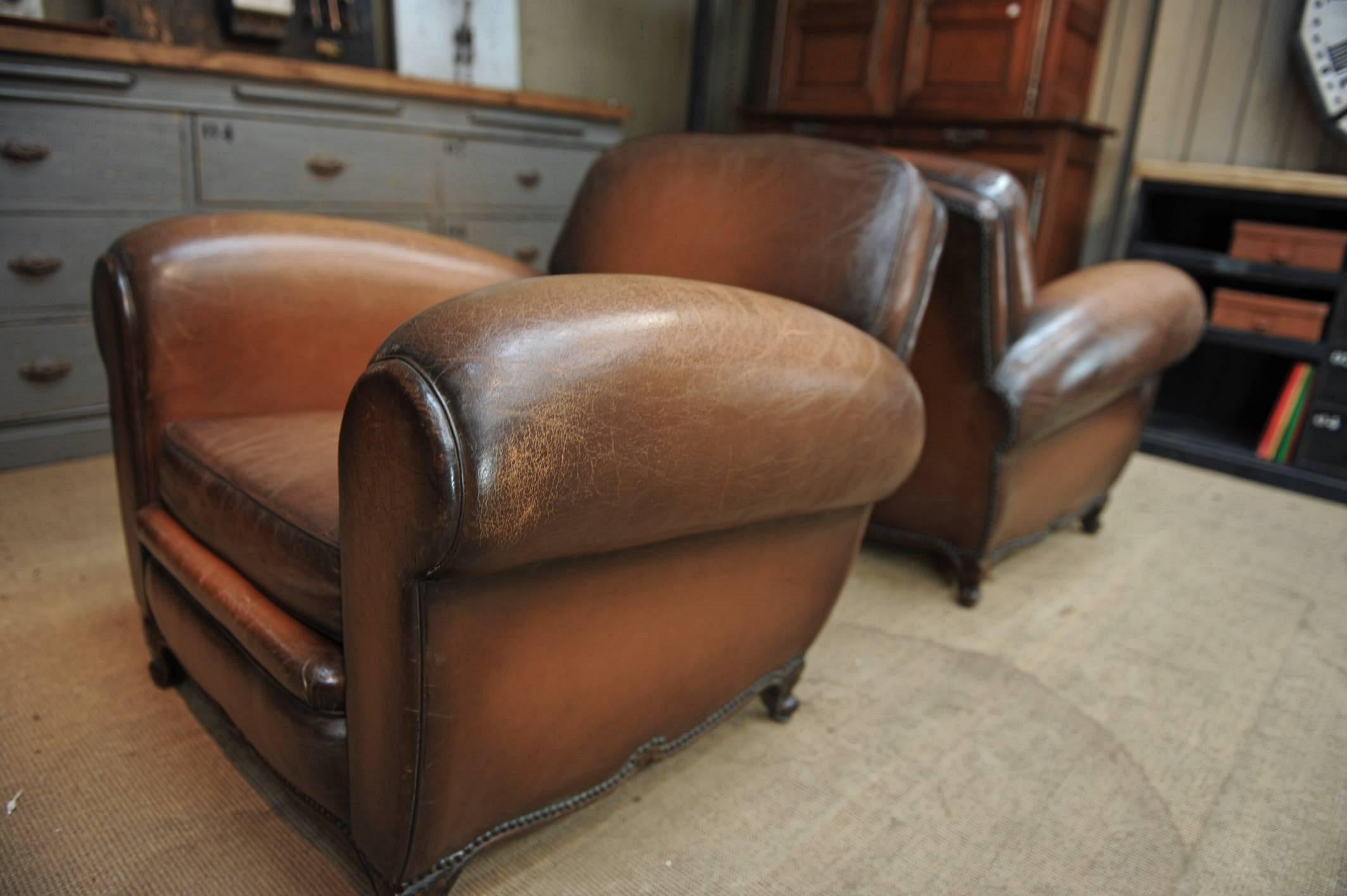 Mid-20th Century Pair of French  Large Leather Club Chairs, circa 1950