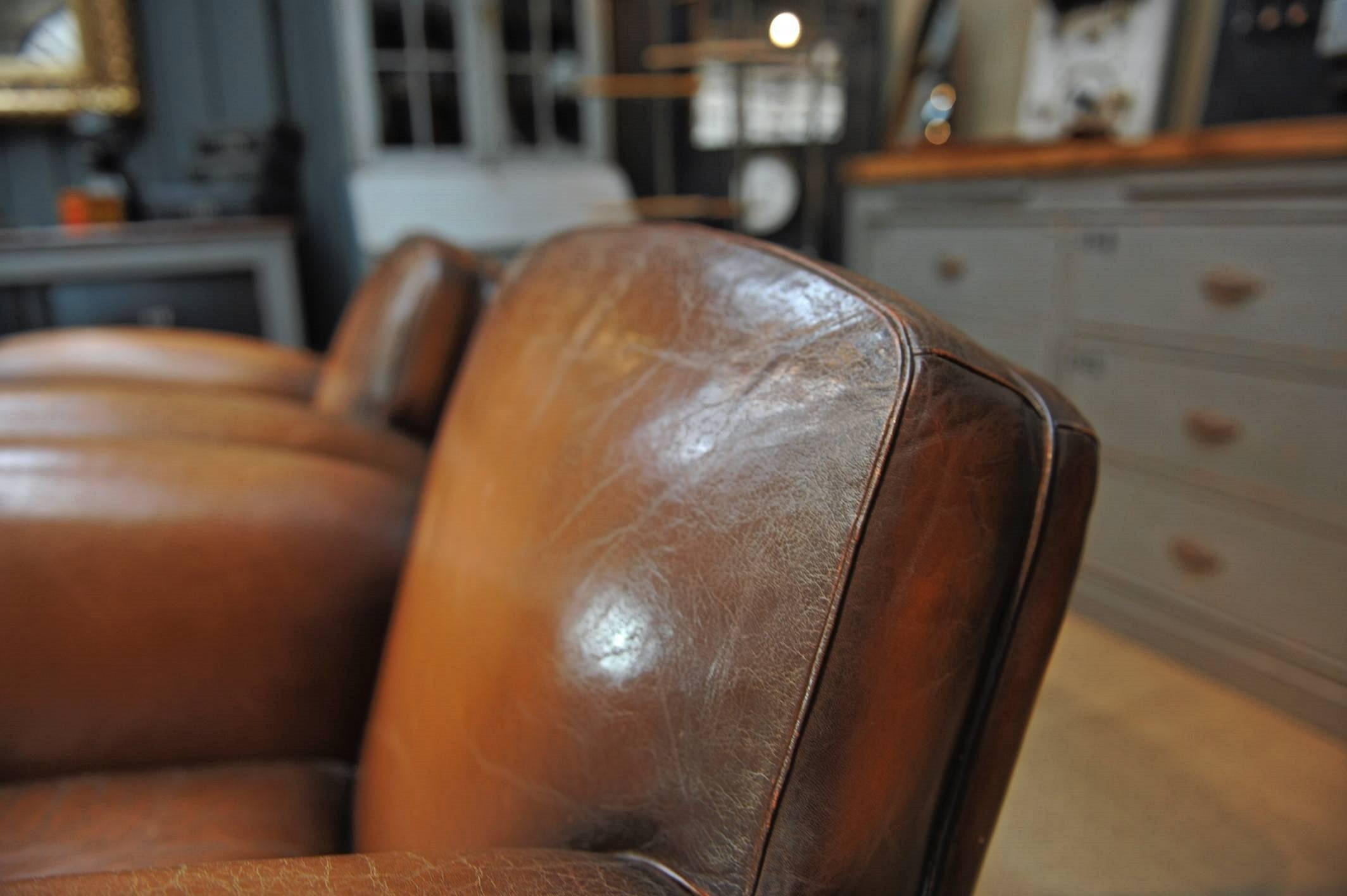 Brass Pair of French  Large Leather Club Chairs, circa 1950