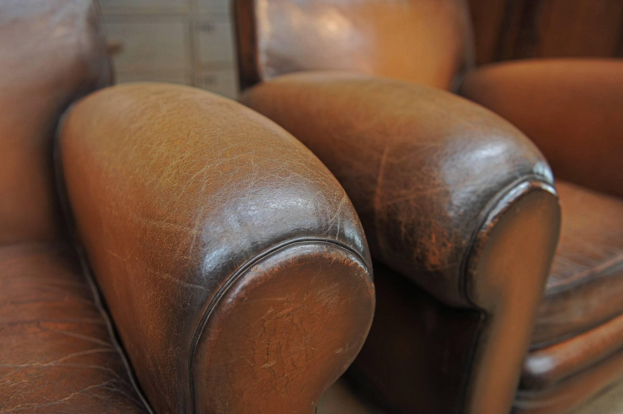 Pair of French  Large Leather Club Chairs, circa 1950 1