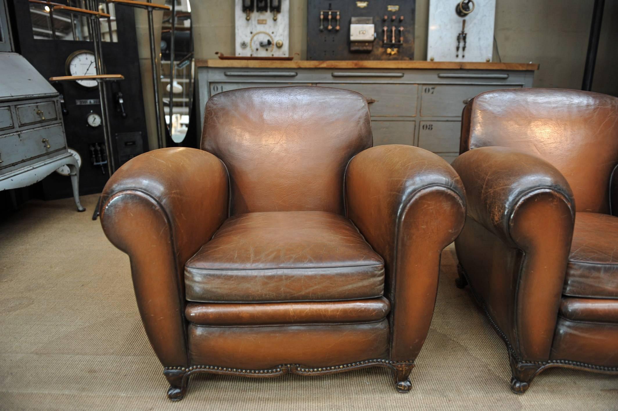 Pair of French  Large Leather Club Chairs, circa 1950 3