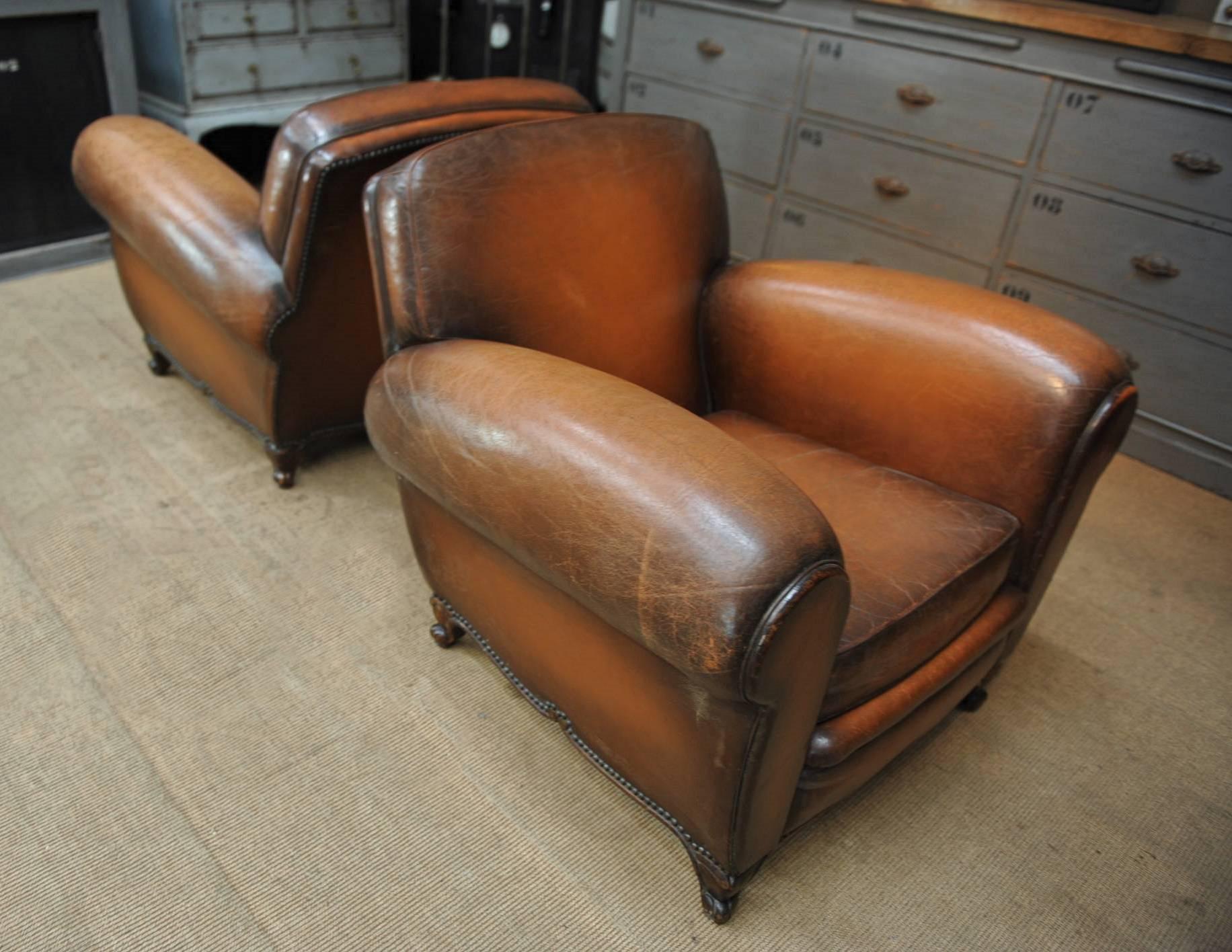 Pair of French  Large Leather Club Chairs, circa 1950 4