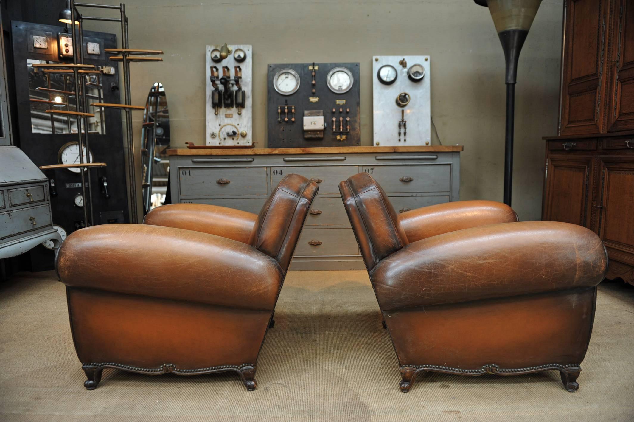 Mid-Century Modern Pair of French  Large Leather Club Chairs, circa 1950