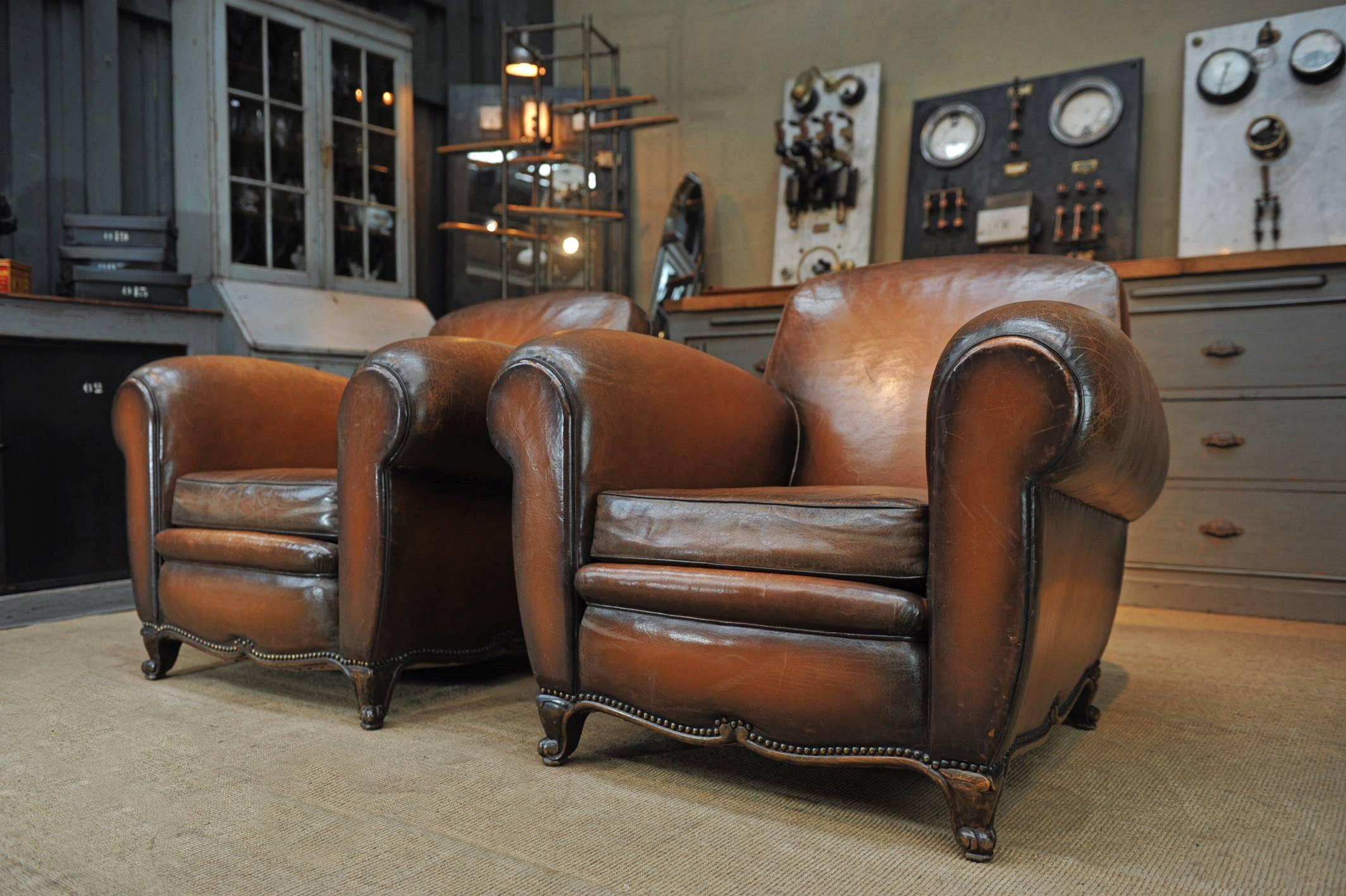 Pair of French  Large Leather Club Chairs, circa 1950 2