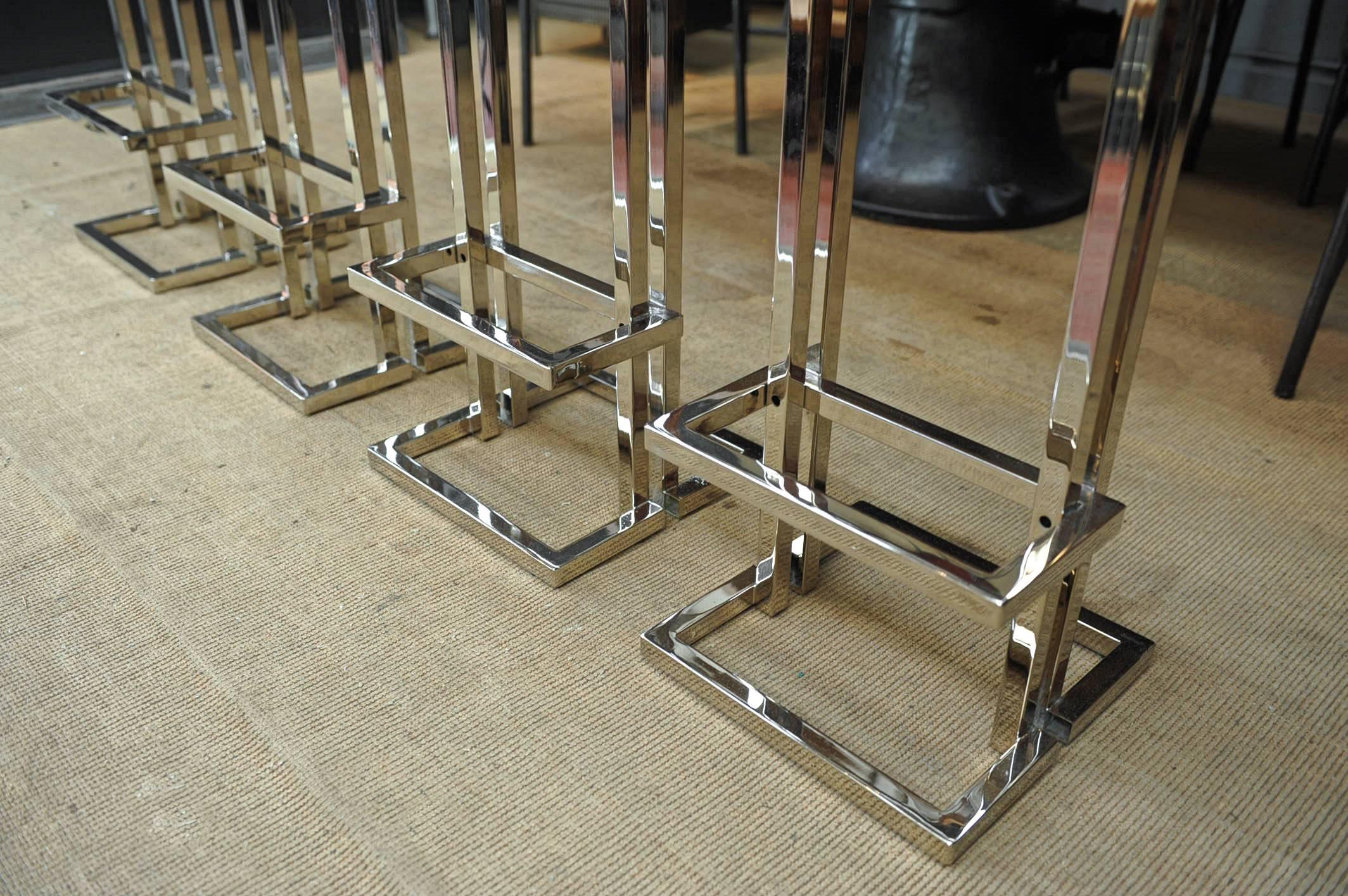 Steel Set of four Leather and Chromed Bar Stools, Maison Jansen, France, 1980s