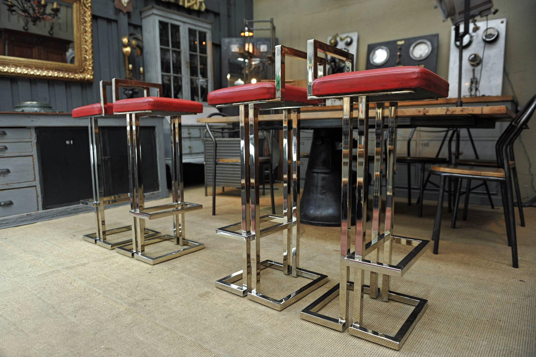 Set of four Leather and Chromed Bar Stools, Maison Jansen, France, 1980s 1