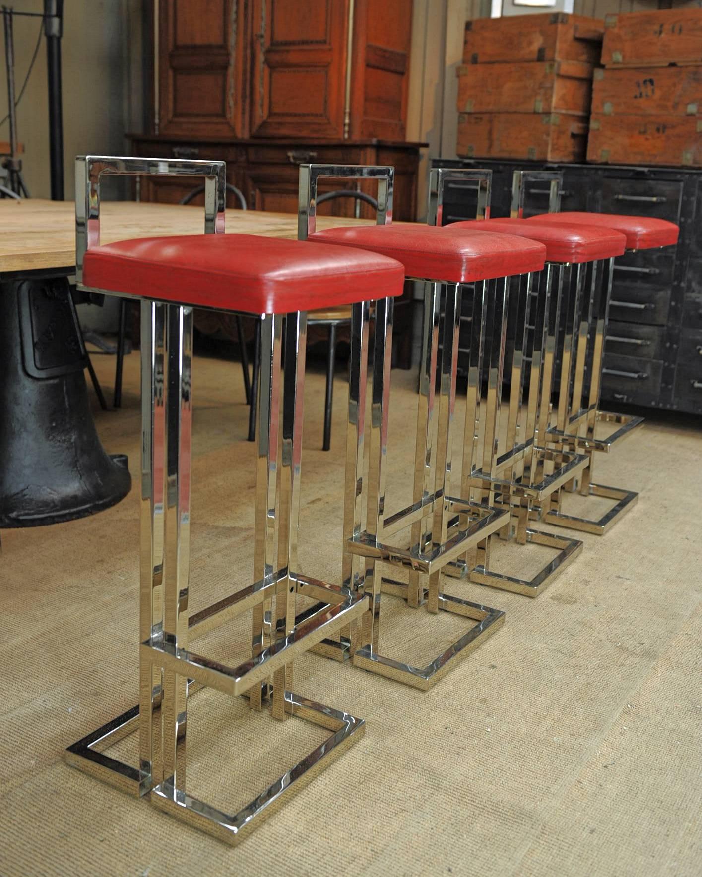 Set of four Leather and Chromed Bar Stools, Maison Jansen, France, 1980s 2