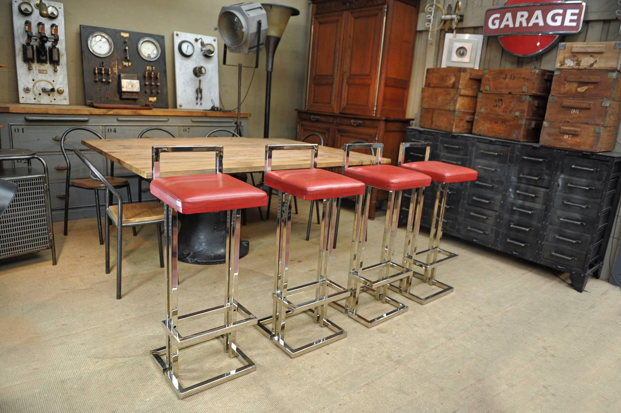 Mid-Century Modern Set of four Leather and Chromed Bar Stools, Maison Jansen, France, 1980s