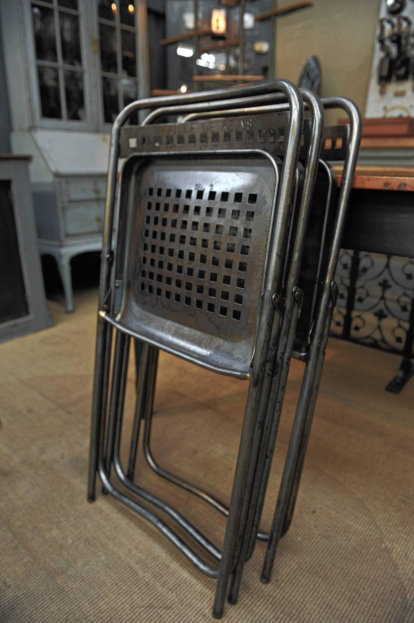 Set of Six Iron Folding Chairs from Reims City Hall, France, circa 1950 For Sale 3