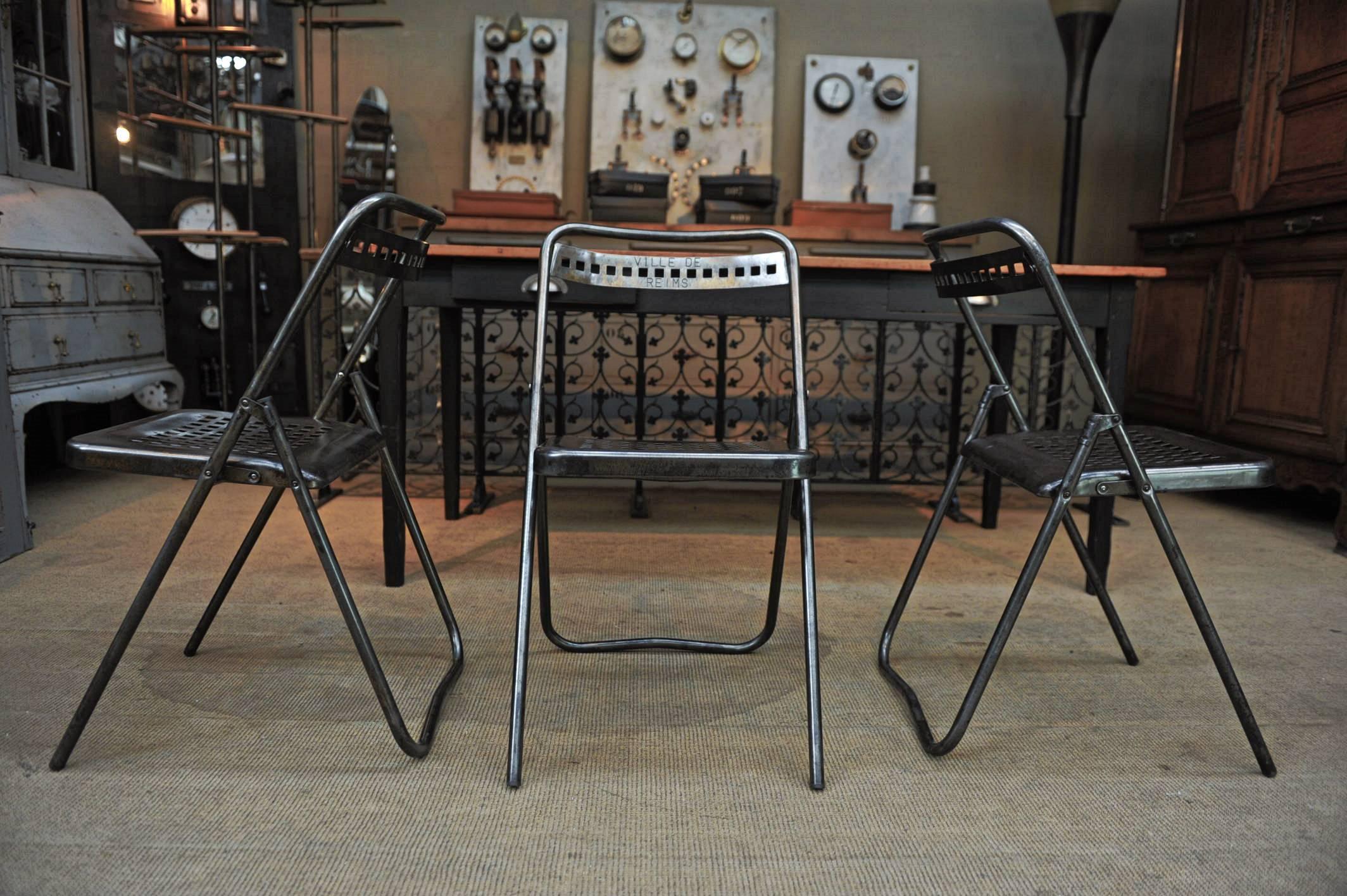 French Set of Six Iron Folding Chairs from Reims City Hall, France, circa 1950 For Sale