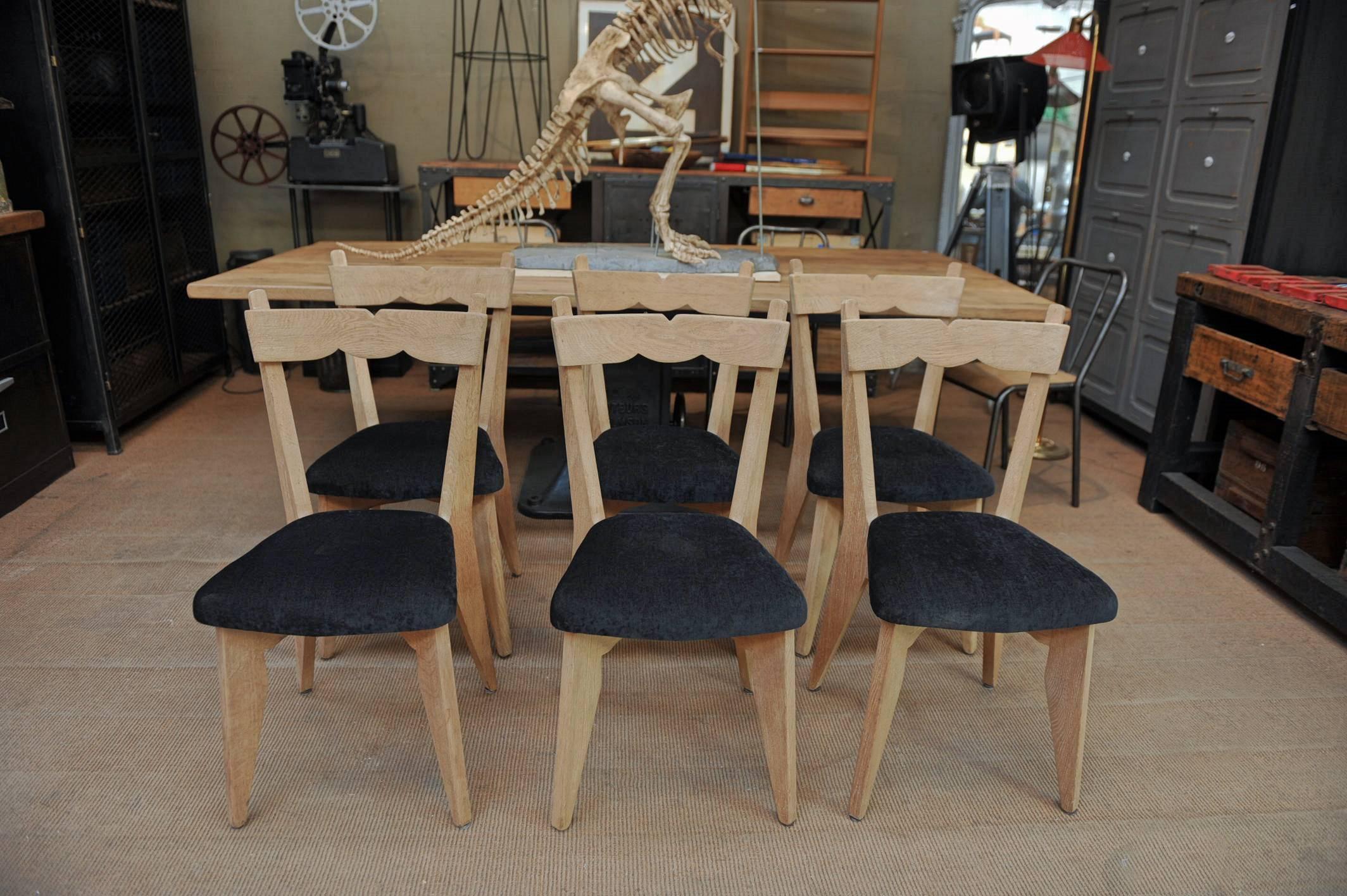 Guillerme & Chambron Set of Six Dining Chairs in Oak and Fabric Reupholstered 1