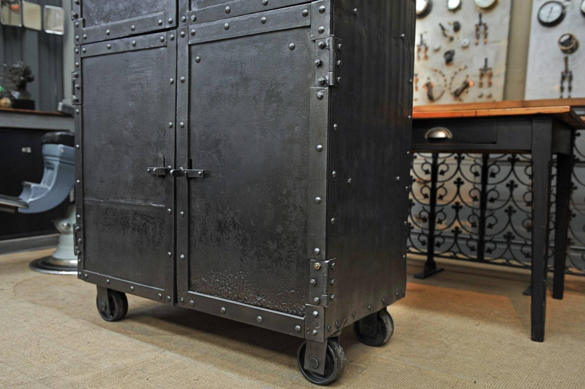 Exceptional Four-Doors Industrial Riveted Iron Cabinet on Wheels, circa 1900 2