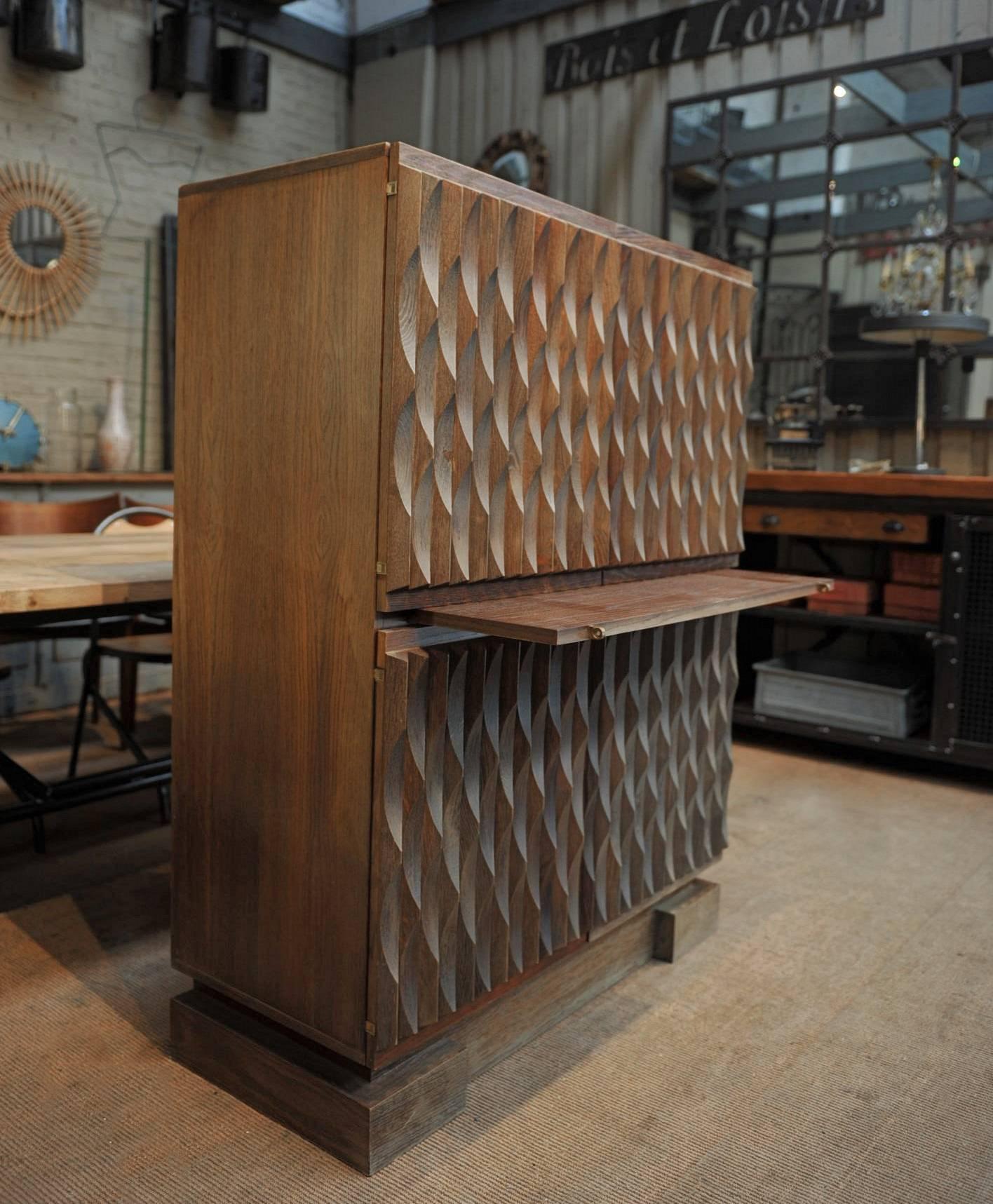 Belgian Oak Brutalist Bar Cabinet by De Coene, 1970