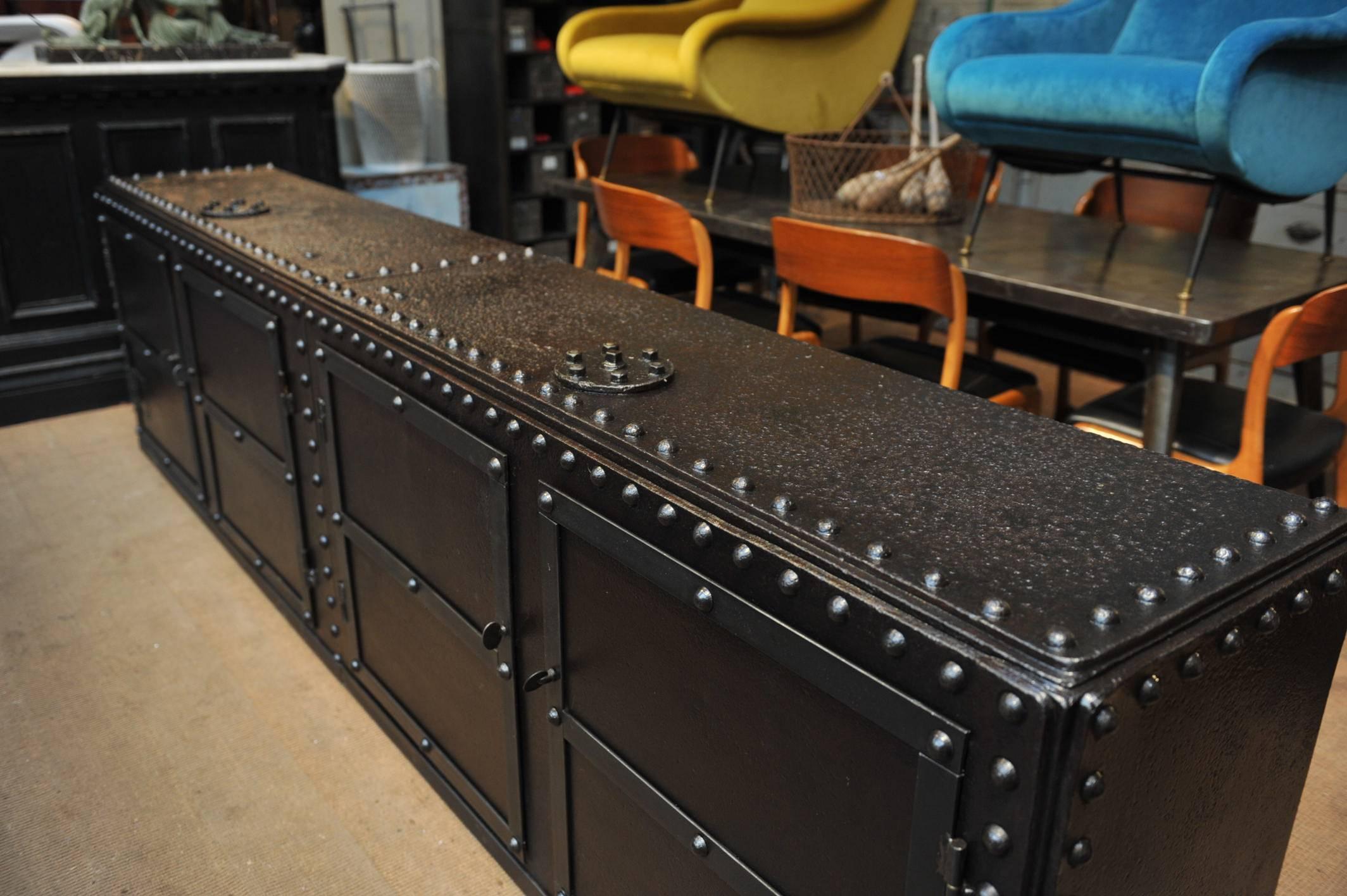 Four Doors Industrial Riveted Iron Credenza Cabinet, 1900 4