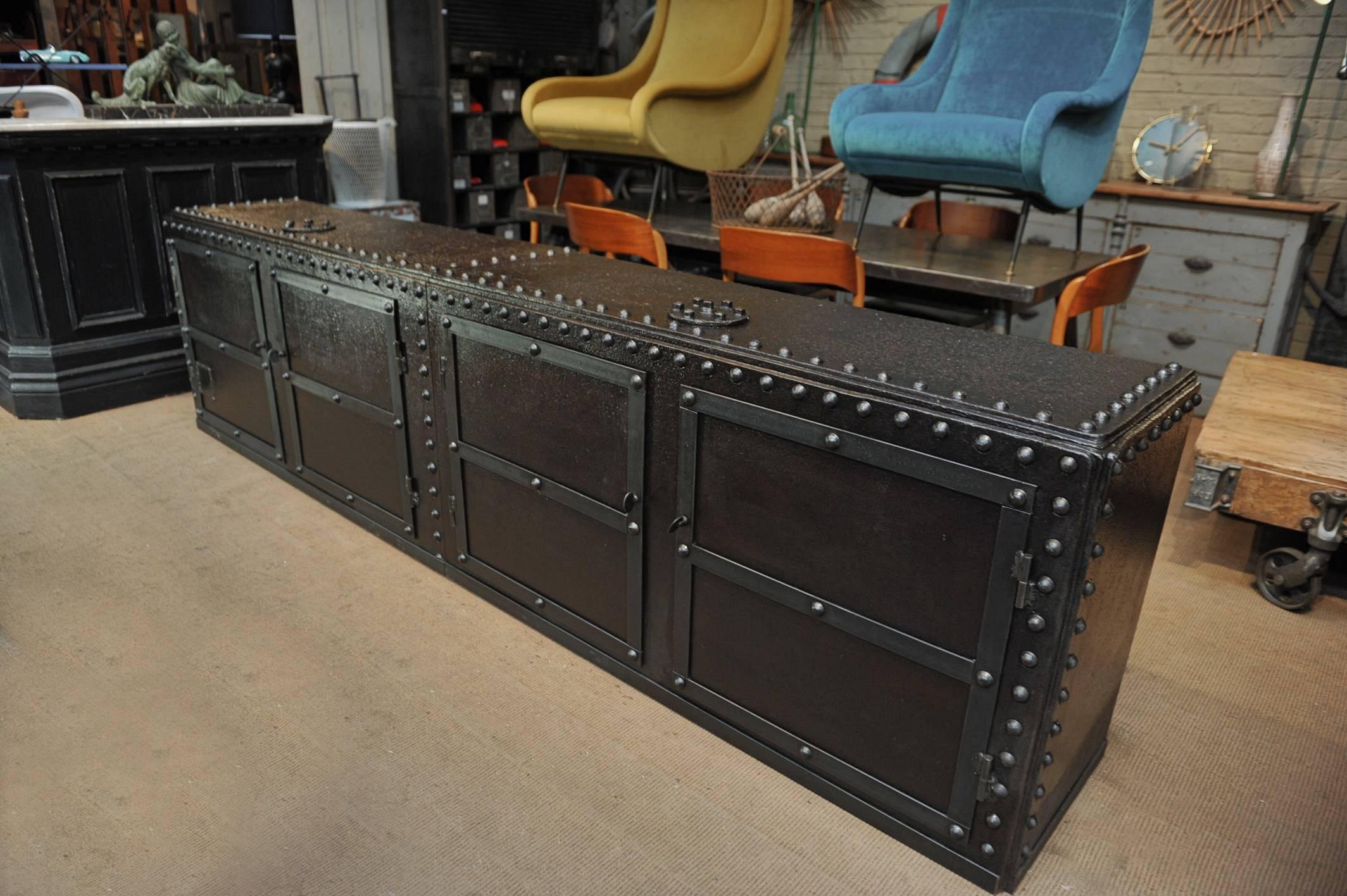 Four Doors Industrial Riveted Iron Credenza Cabinet, 1900 2