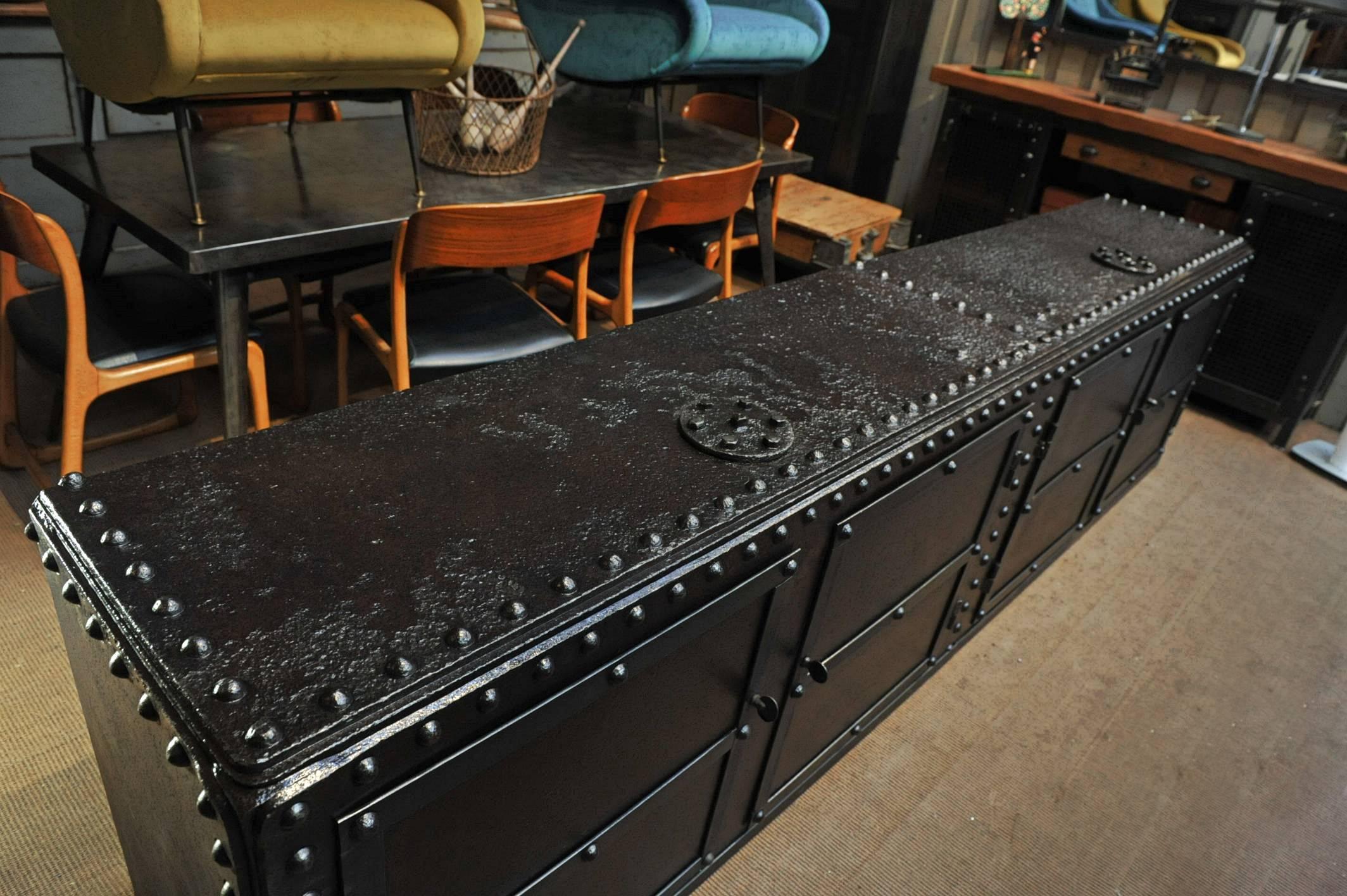 Four Doors Industrial Riveted Iron Credenza Cabinet, 1900 1
