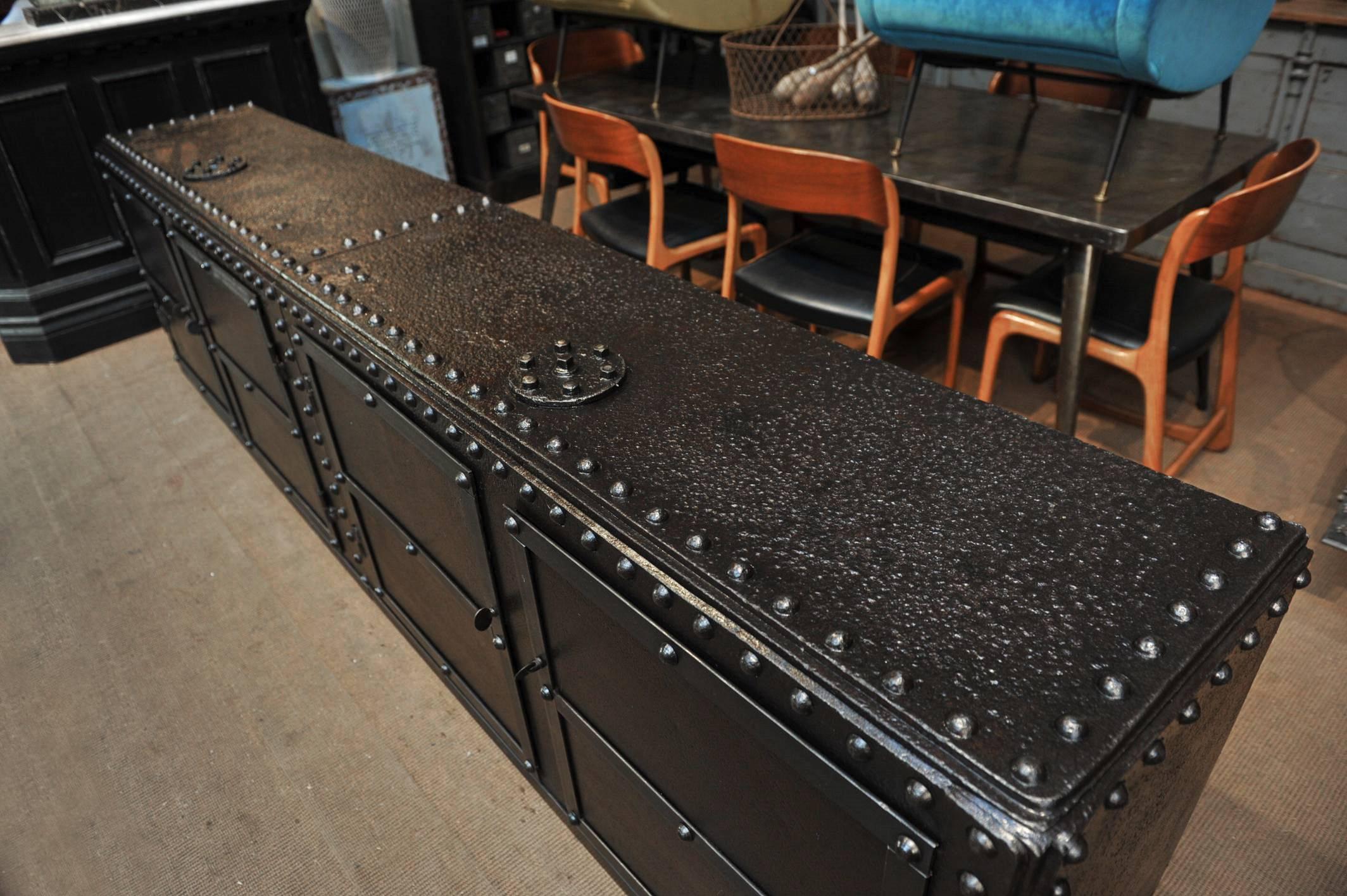 French Four Doors Industrial Riveted Iron Credenza Cabinet, 1900