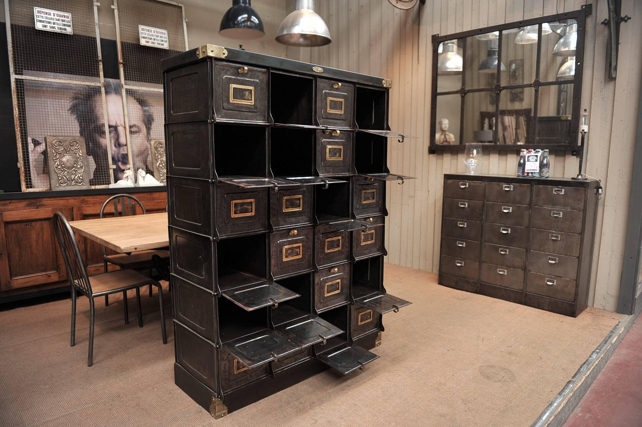 Industrial Strafor Polished French Multi-Drawer Iron Cabinet, 1920s For Sale 4