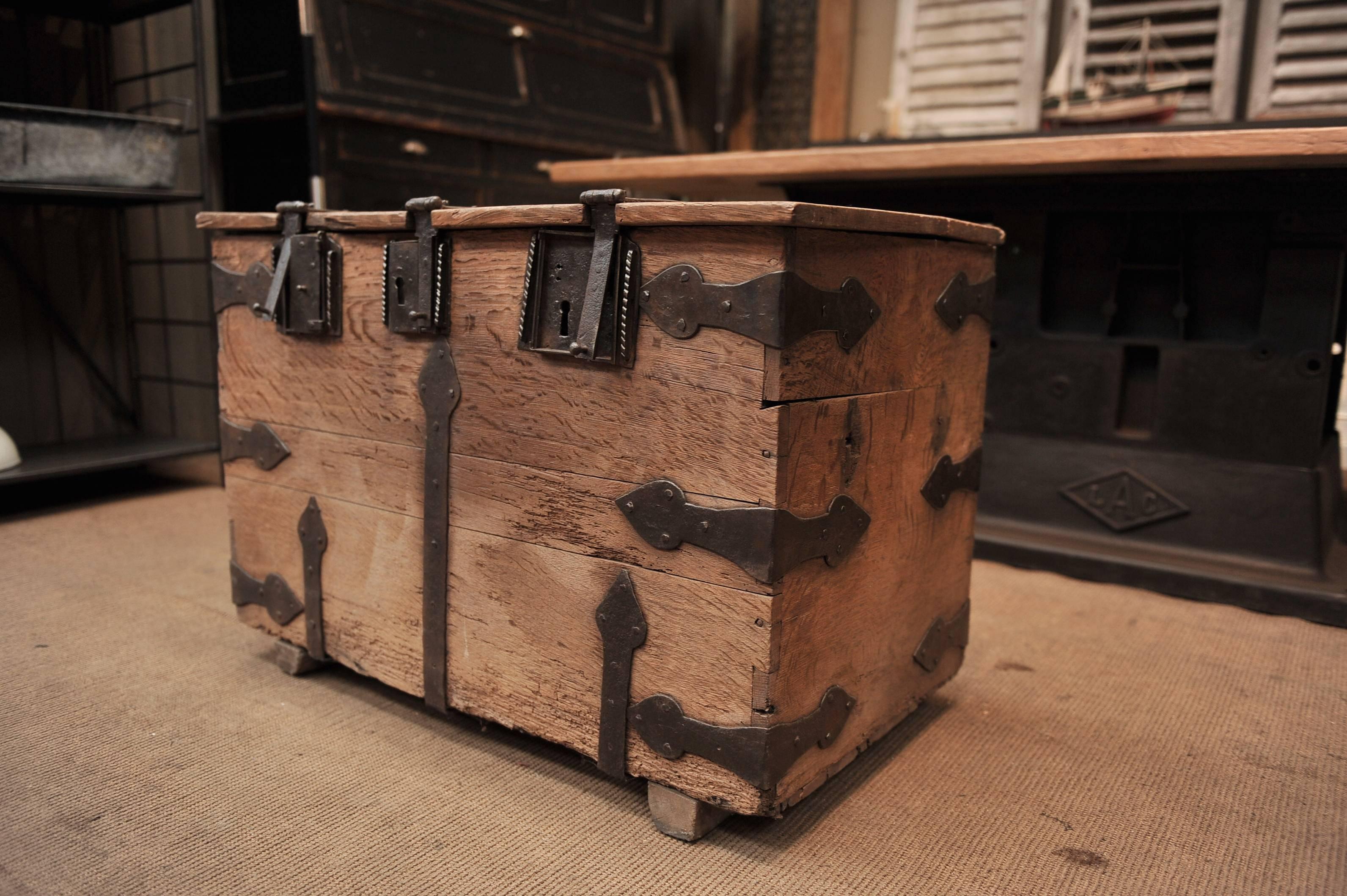 Medieval Early 18th Century Solid Oak and Iron Antique French Trunk