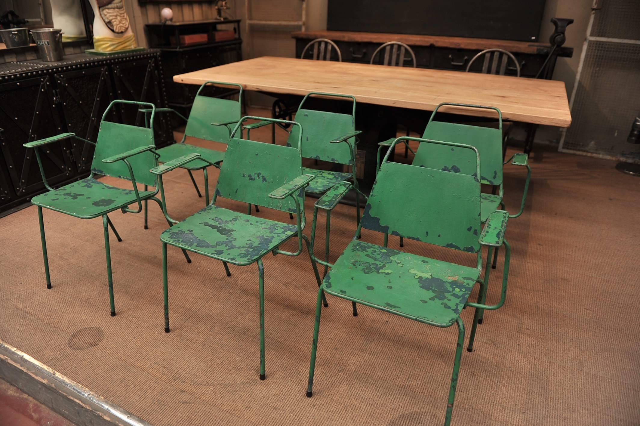 Set of Six French Iron Garden Stackable Design Chairs, 1940s 4