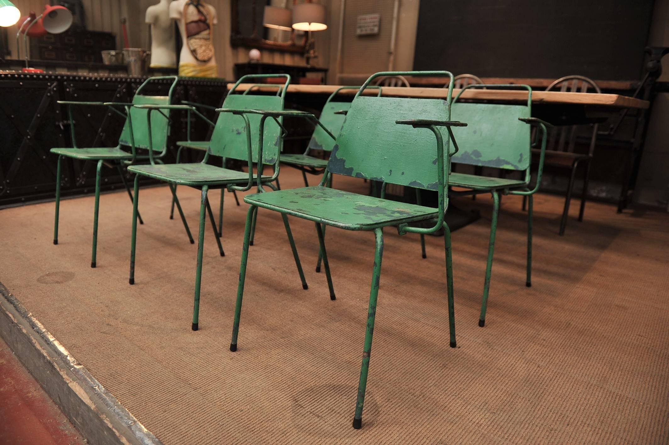 Set of Six French Iron Garden Stackable Design Chairs, 1940s 1