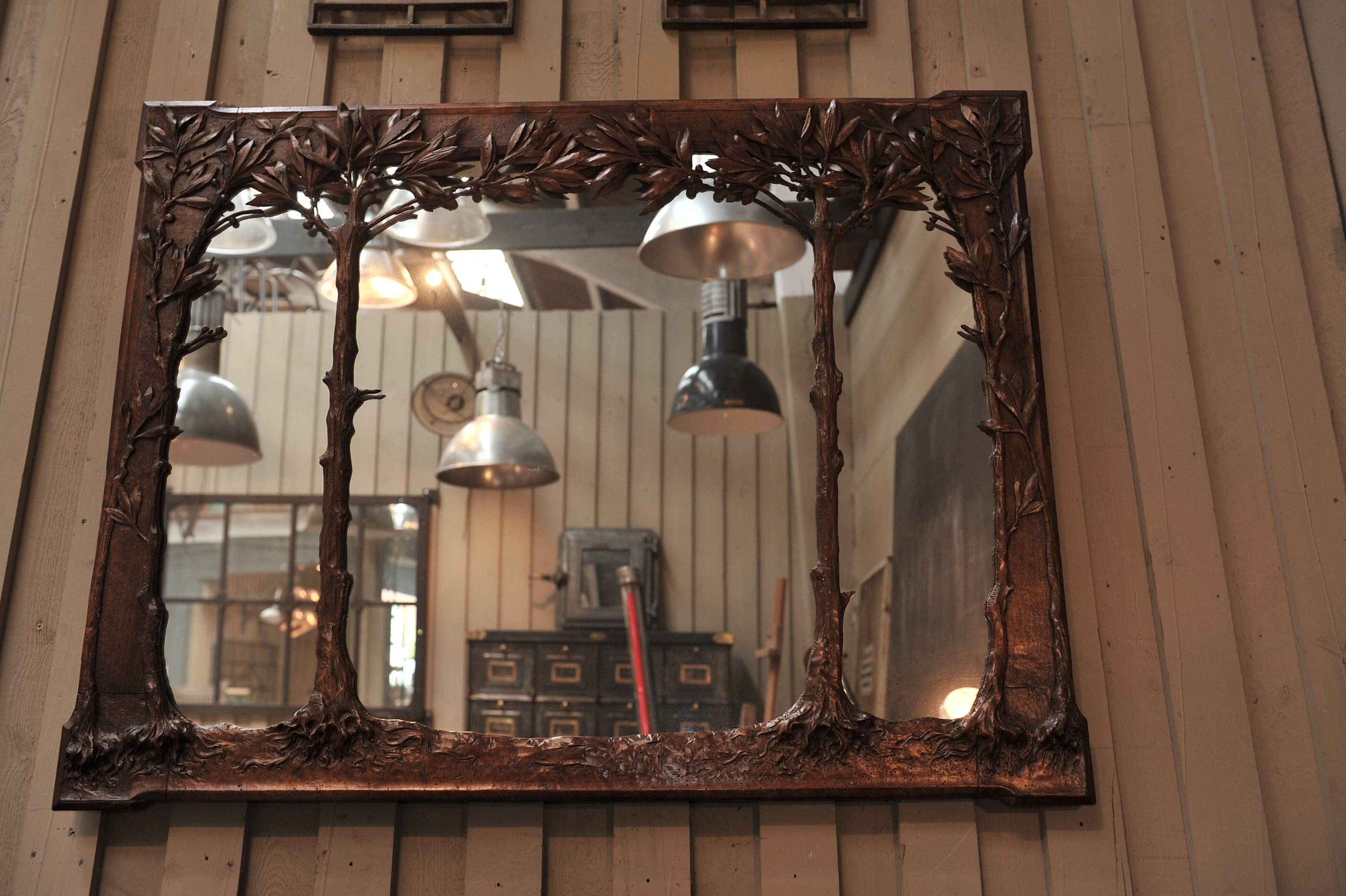 Early 20th Century Art Nouveau 1900 French Walnut Mirror