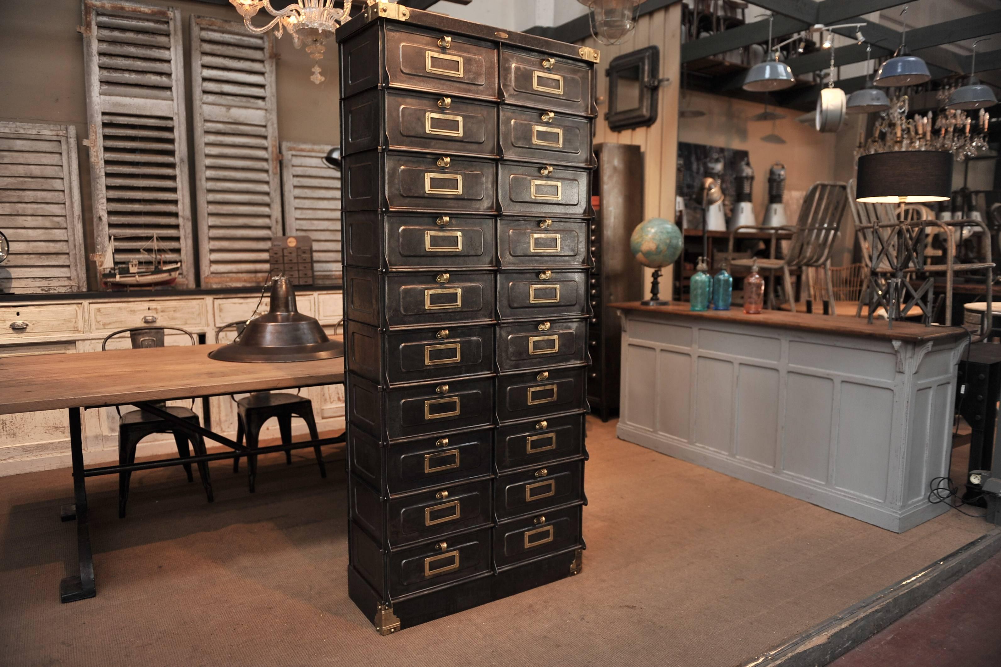 Industrial Strafor Polished Iron French Multi-Drawer Cabinet, 1920s 2