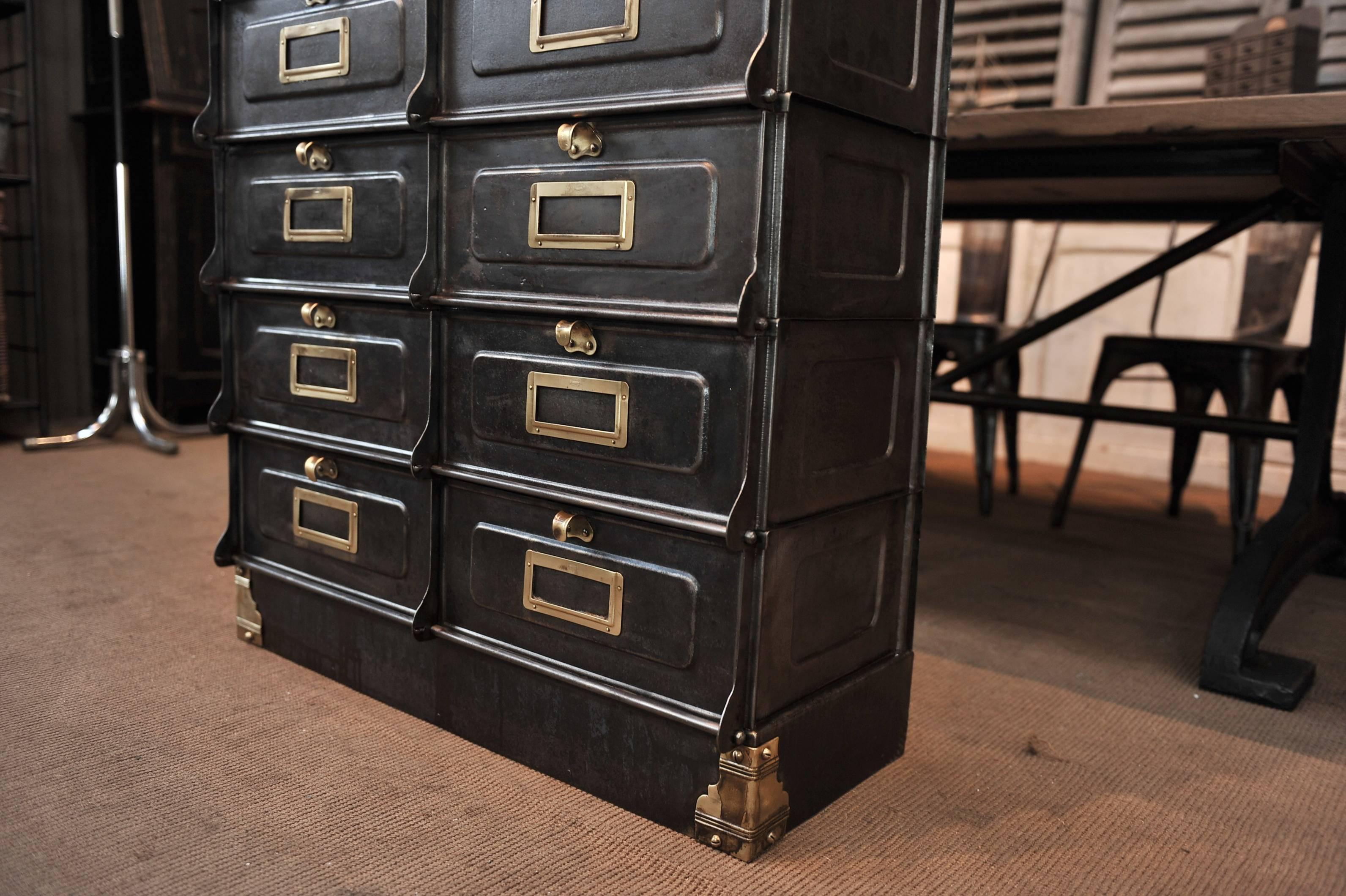 Brass Industrial Strafor Polished Iron French Multi-Drawer Cabinet, 1920s
