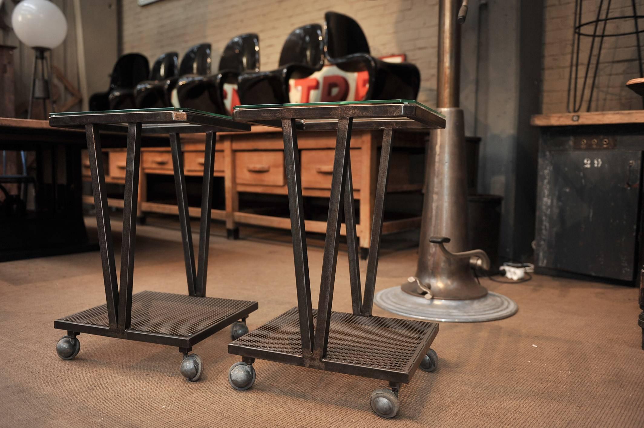 Mid-20th Century Pair of French Industrial Iron and Glass Sides Tables on Wheels