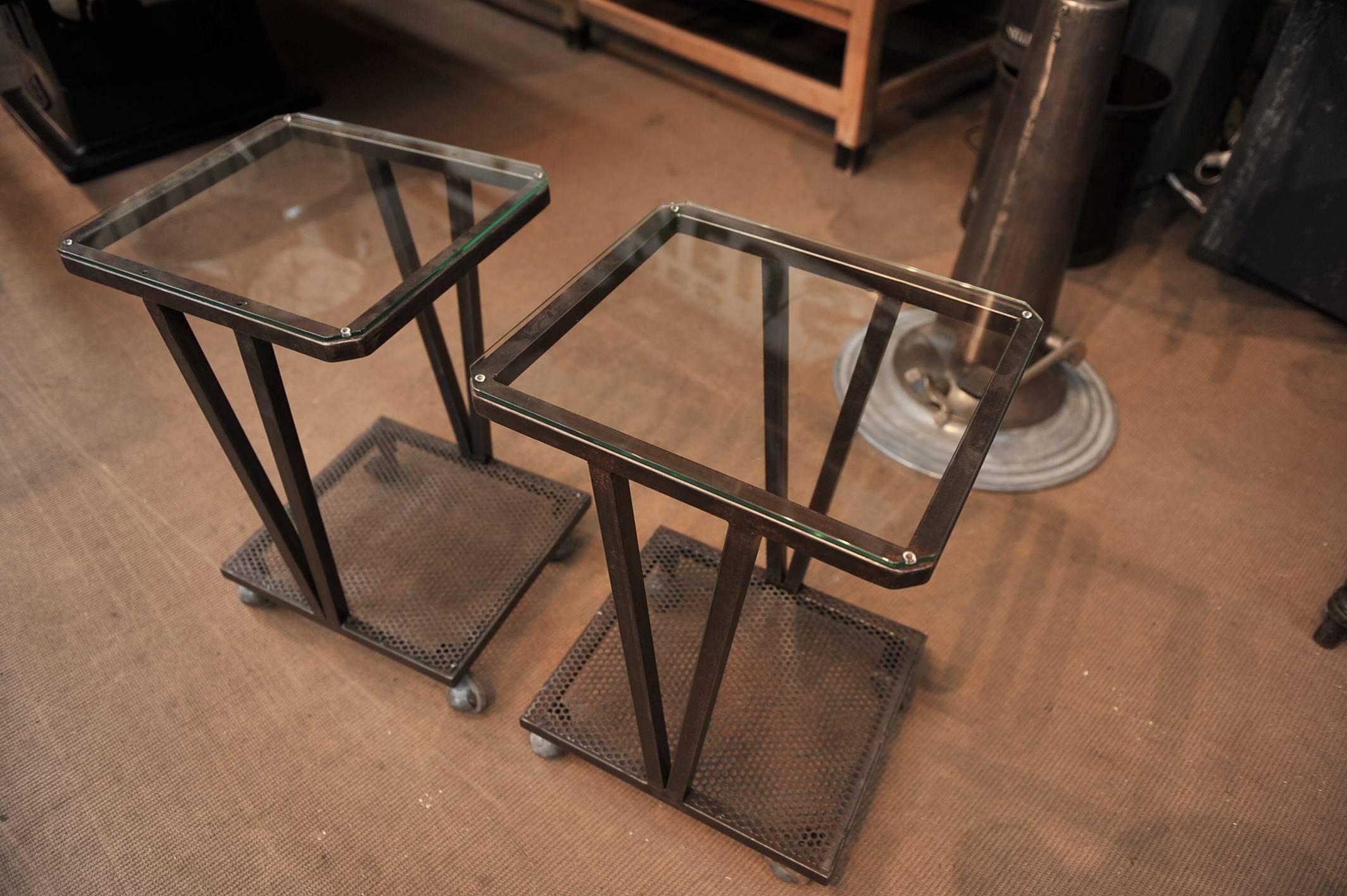 Pair of French Industrial Iron and Glass Sides Tables on Wheels 3