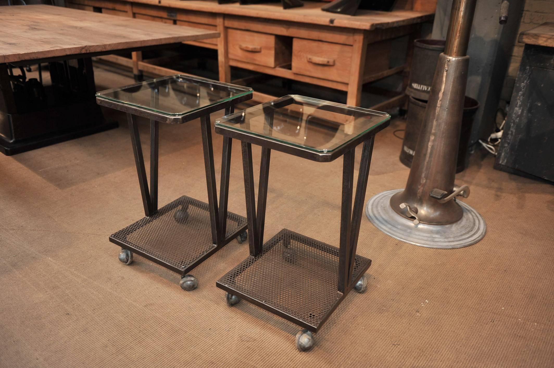 Mid-Century Modern Pair of French Industrial Iron and Glass Sides Tables on Wheels