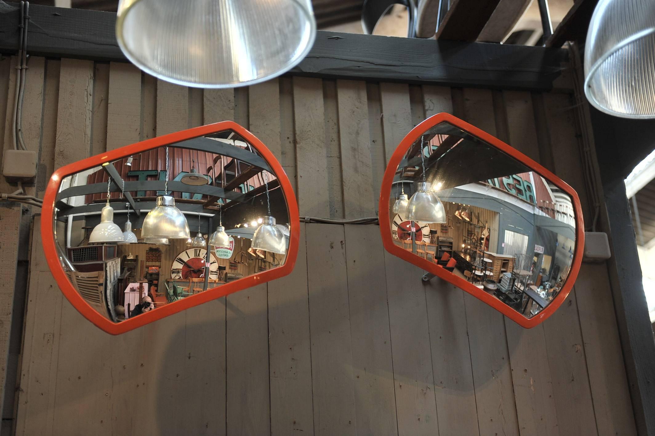 French Pair of 1960s Design Orange Convex Wall Mirrors