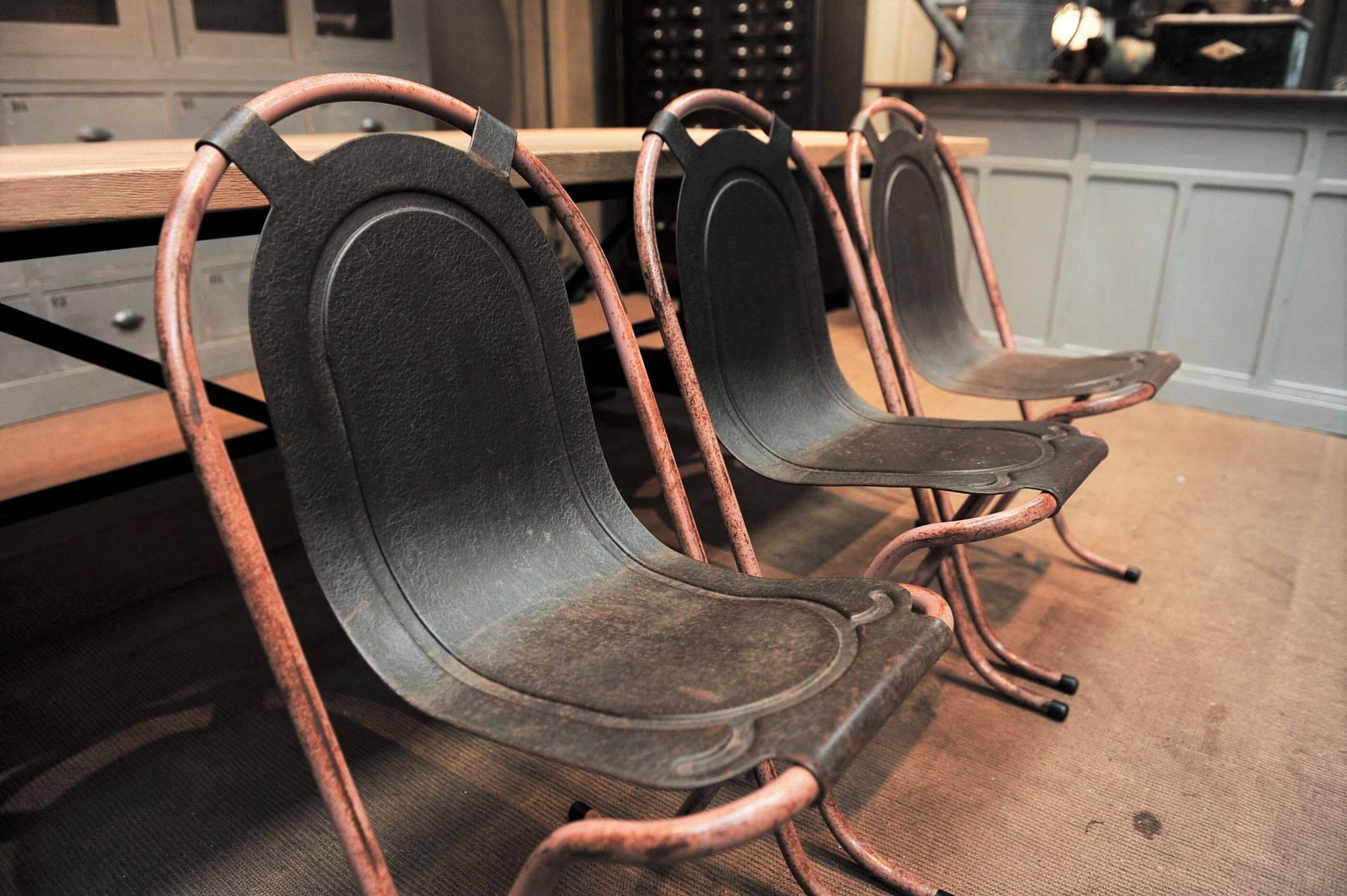 Six Industrial French Iron Chairs, 1930, Original Patina 2