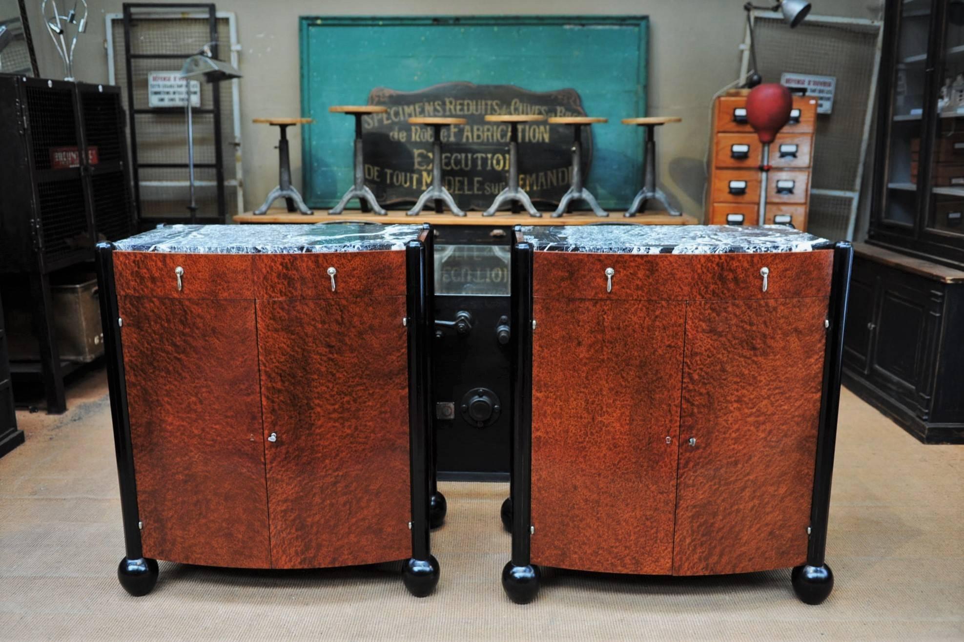 Pair of Art Deco Curved Burl Wood and Marble Buffets, circa 1925 3