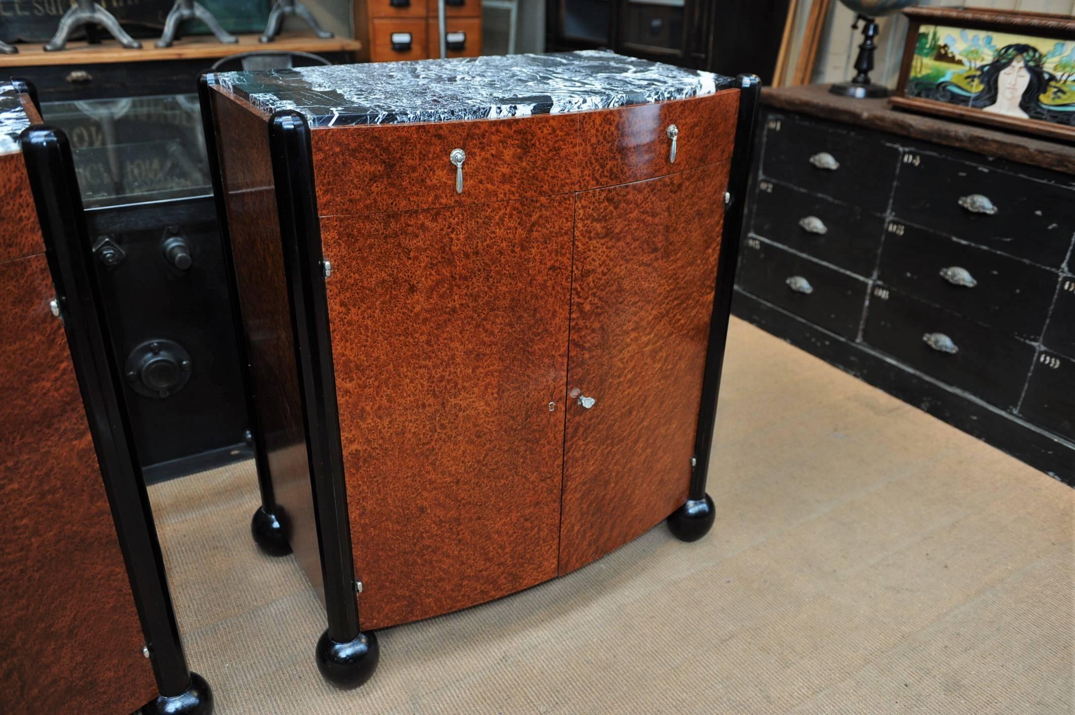 Pair of Art Deco Curved Burl Wood and Marble Buffets, circa 1925 1