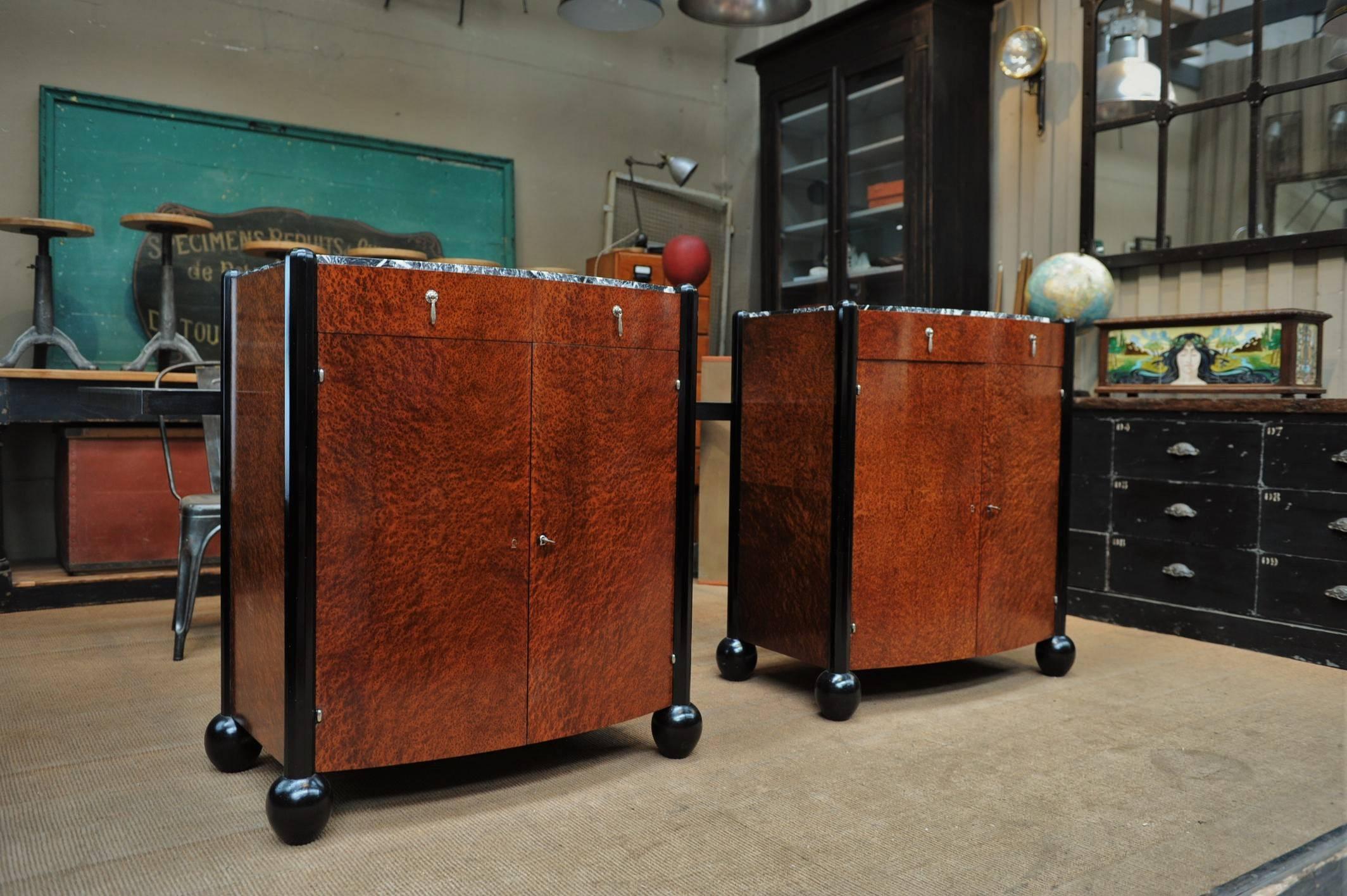 French Pair of Art Deco Curved Burl Wood and Marble Buffets, circa 1925