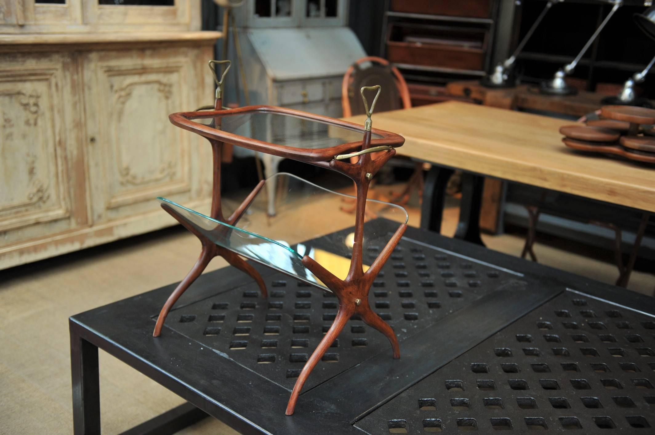 Brass Italian Magazine Rack and Serving Tray Side Table by Cesare Lacca, 1950s