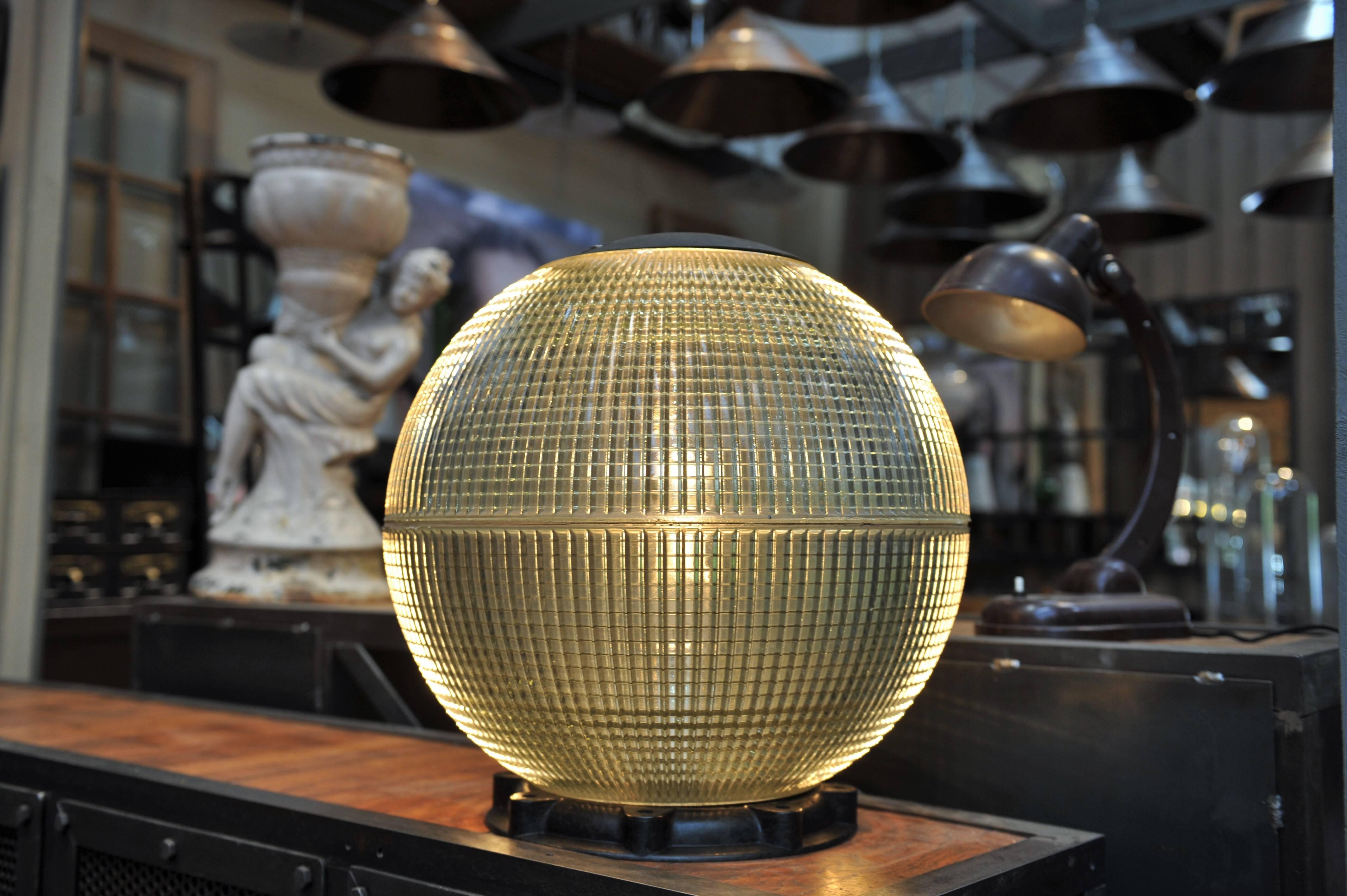Large original Parisian Holophane glass ball street light turned into desk or table Light Rewired E27 with power modulator and stabile base. 